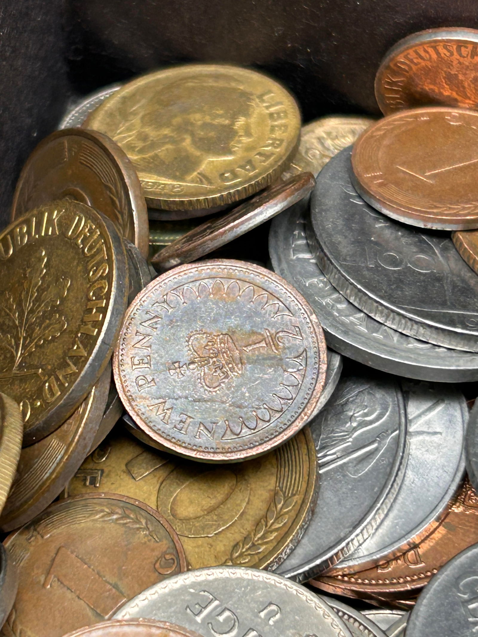 Collection of Assorted Foreign Coins, Box is 3.5 x 3" (1 of 4)