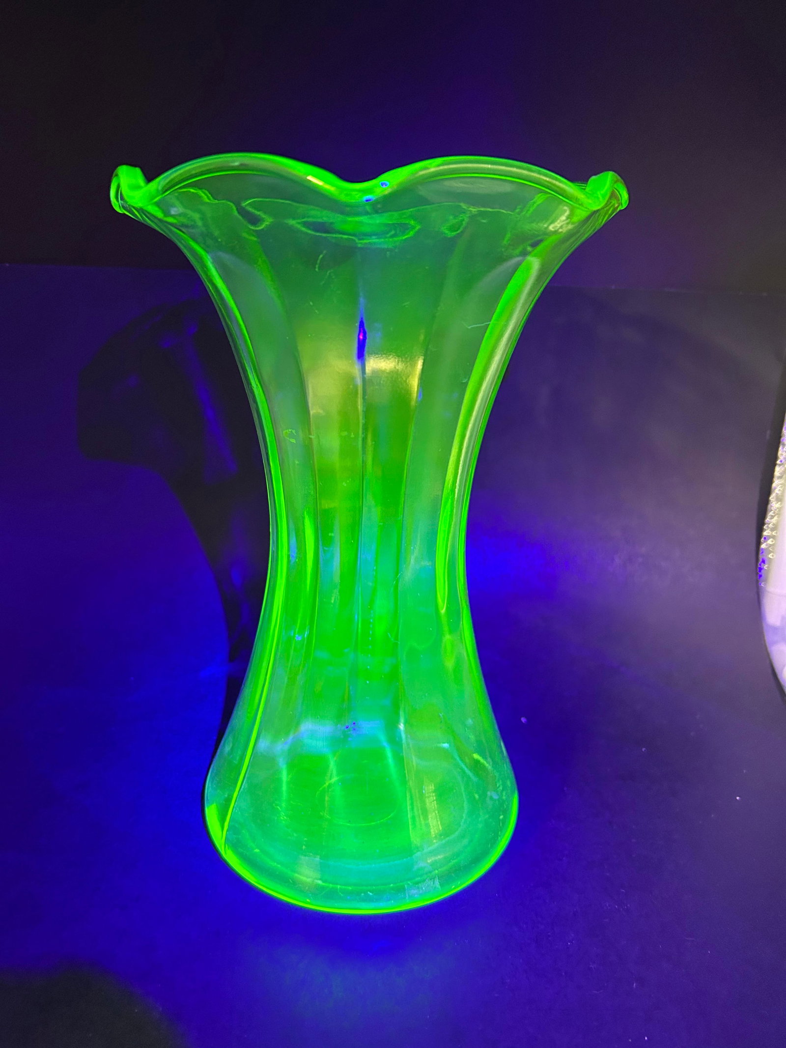 Ruffled Green Uranium Glow Glass Vase, 4" base, 8" tall, A few tiny bubbles in glass (1 of 5)