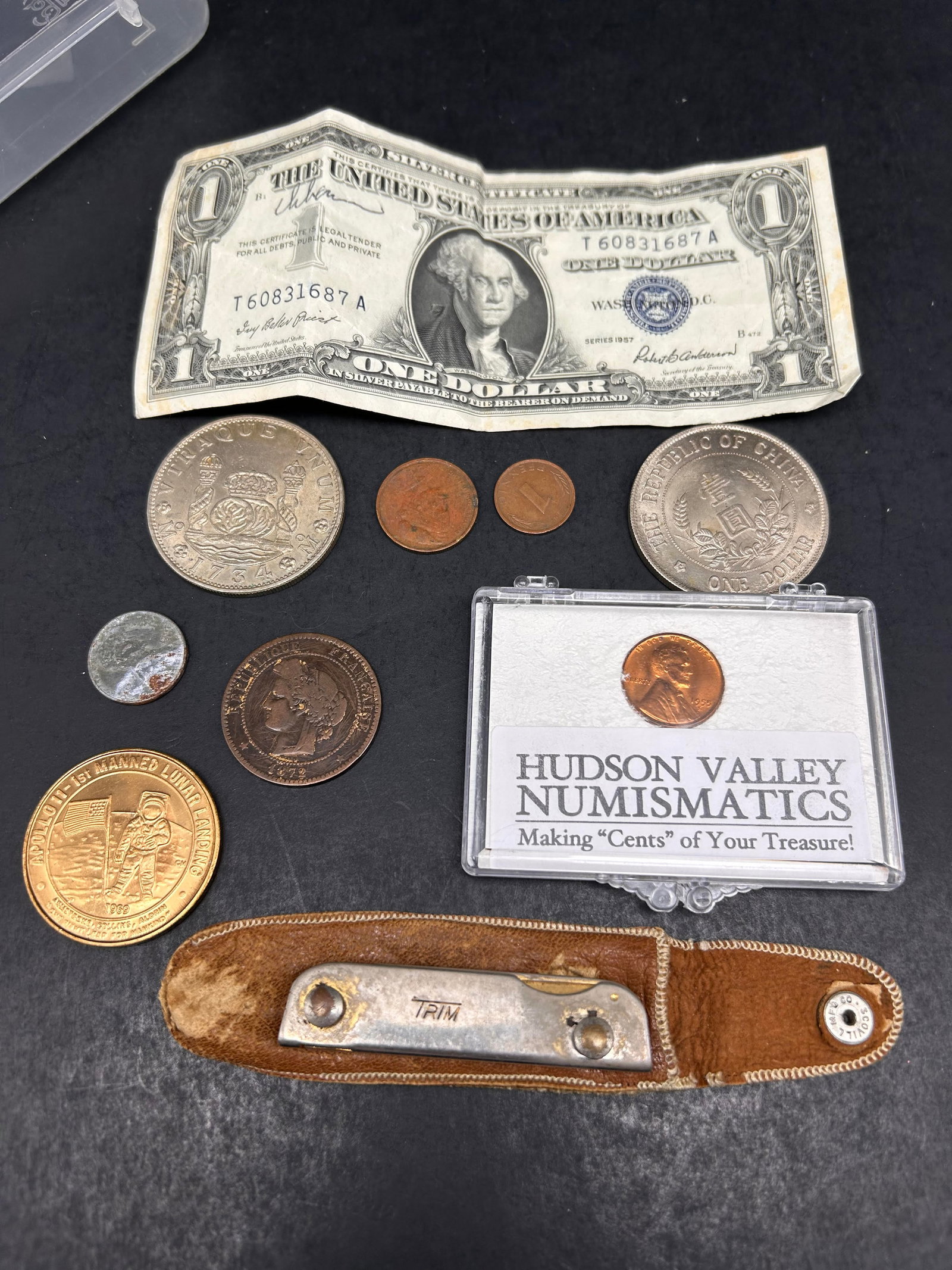 1957 Silver Certificate, TRIM Pen Knife, Apollo 11 Medallion and Numismatic lot (1 of 6)
