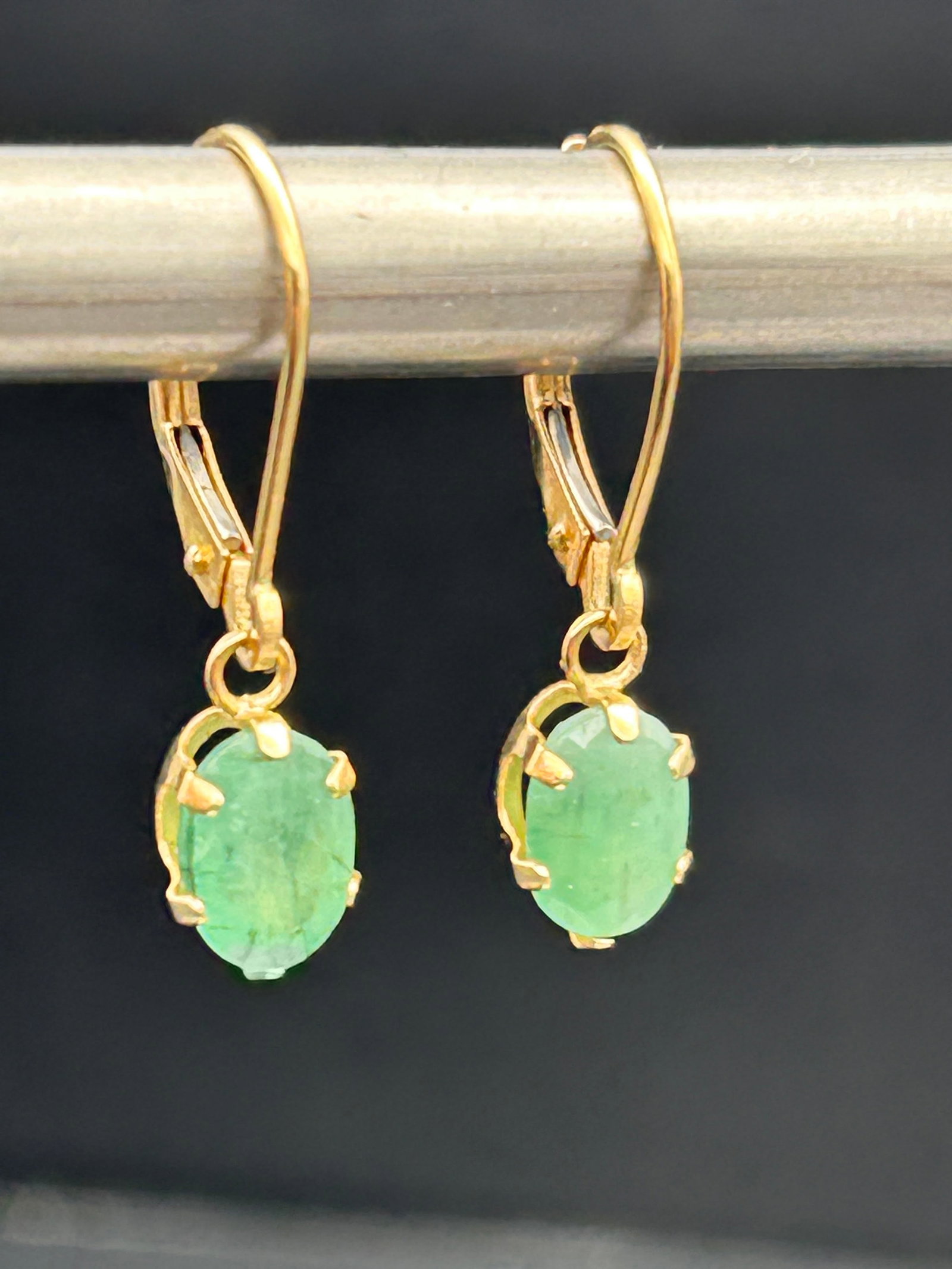 Oval Emerald Green Gemstone 14K Gold Pendant Earrings, Leverback Closure, Stones 1/4" (1 of 4)