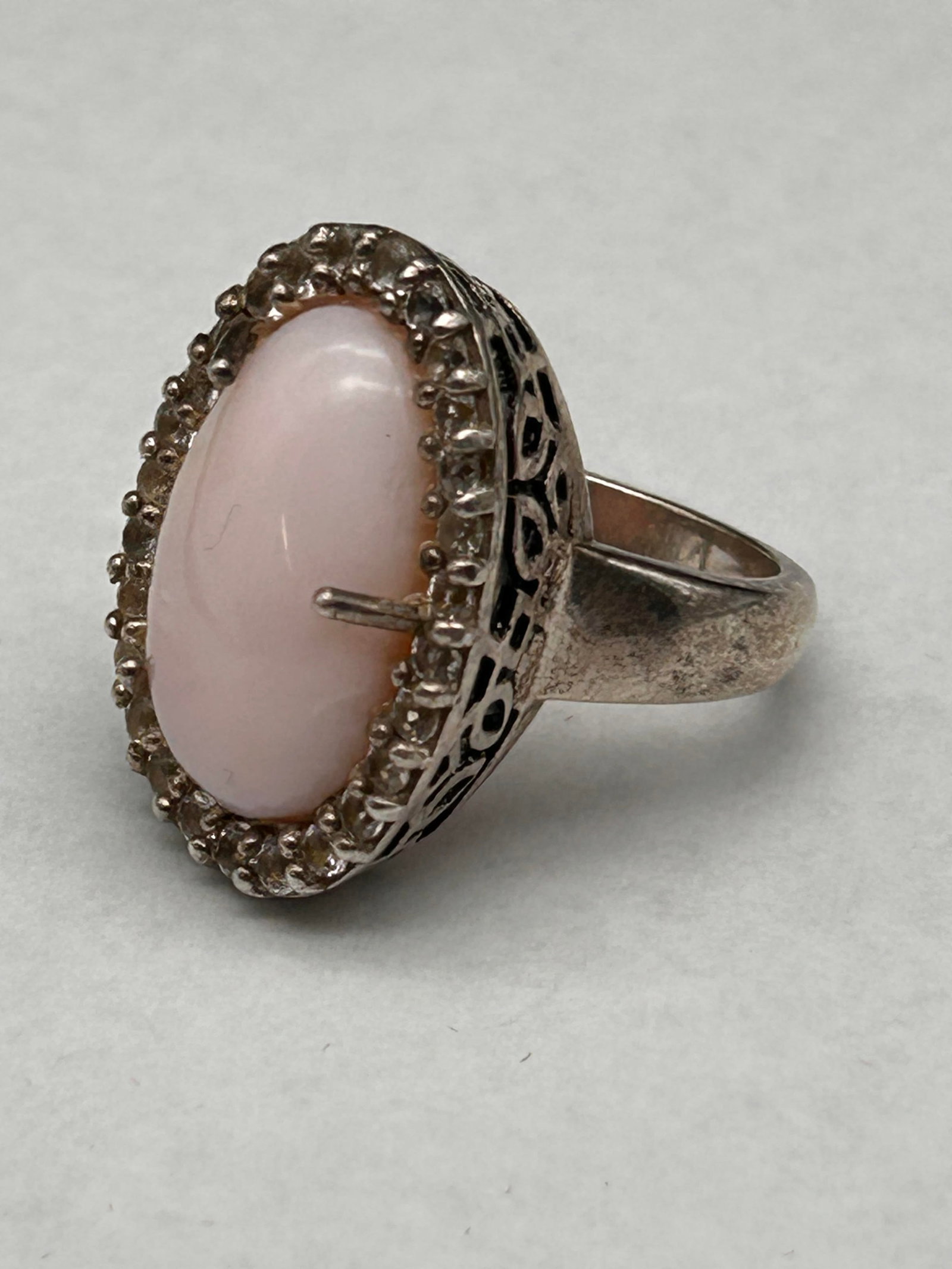 Polished Rose Quartz Oval Ring with Pave Set Halo of Clear Stones, Sterling, Unmarked Tested, Size 8 (1 of 4)