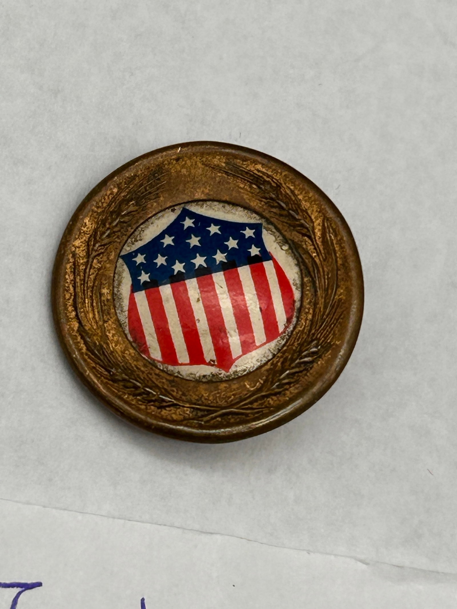 WWI Food Administration Pin by Whitehead & Hoag, Gold Gilded Wheat, Red White Blue Shield: Bidding on this item will be indication that the Bidder acknowledges that they have read and agreed to the Terms and Conditions posted to this Auction