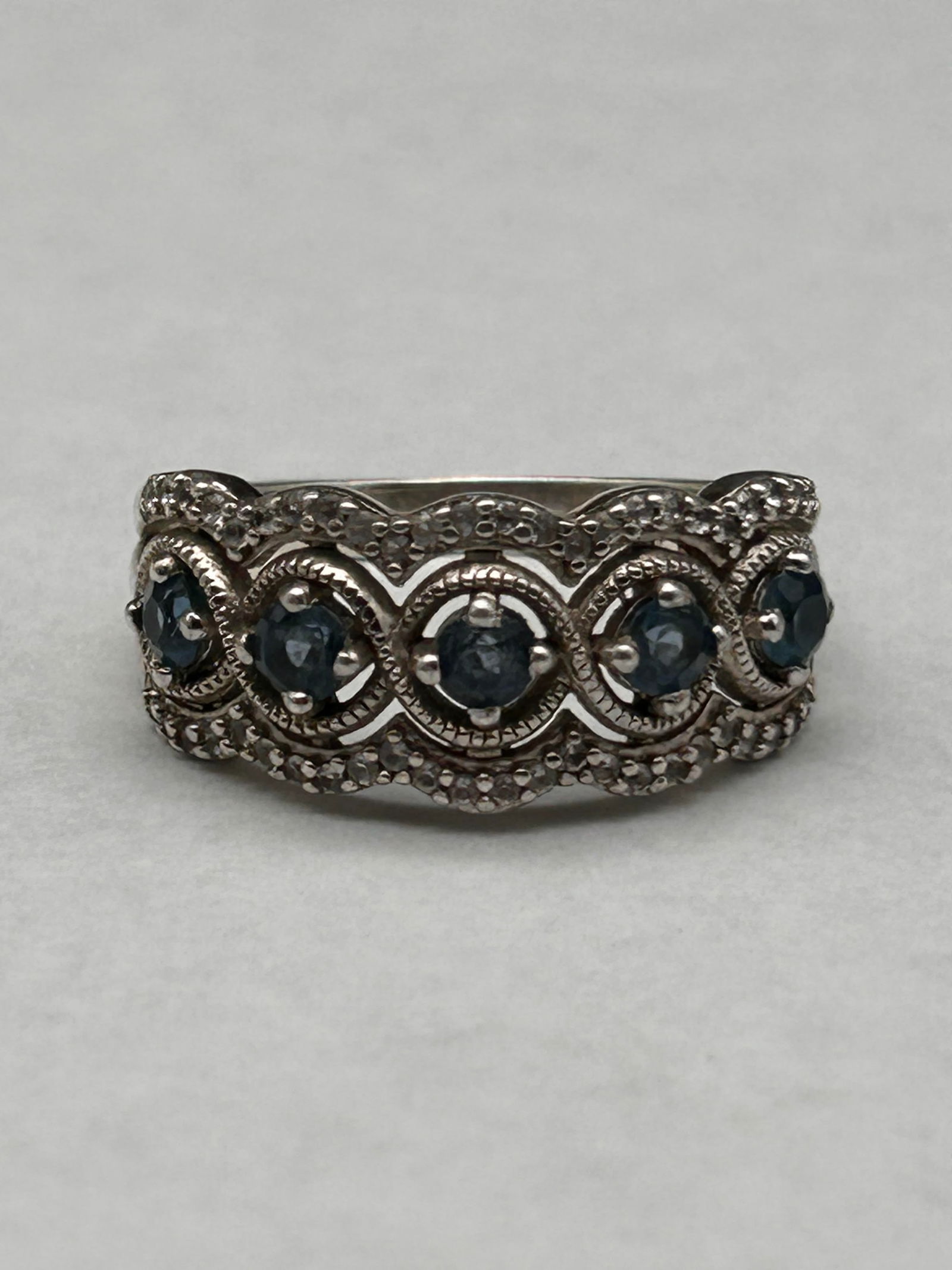 Scalloped Sterling Ring with Five Blue Stones & Clear Stone Border, Hallmark, 925, Sz 8.25 (1 of 4)