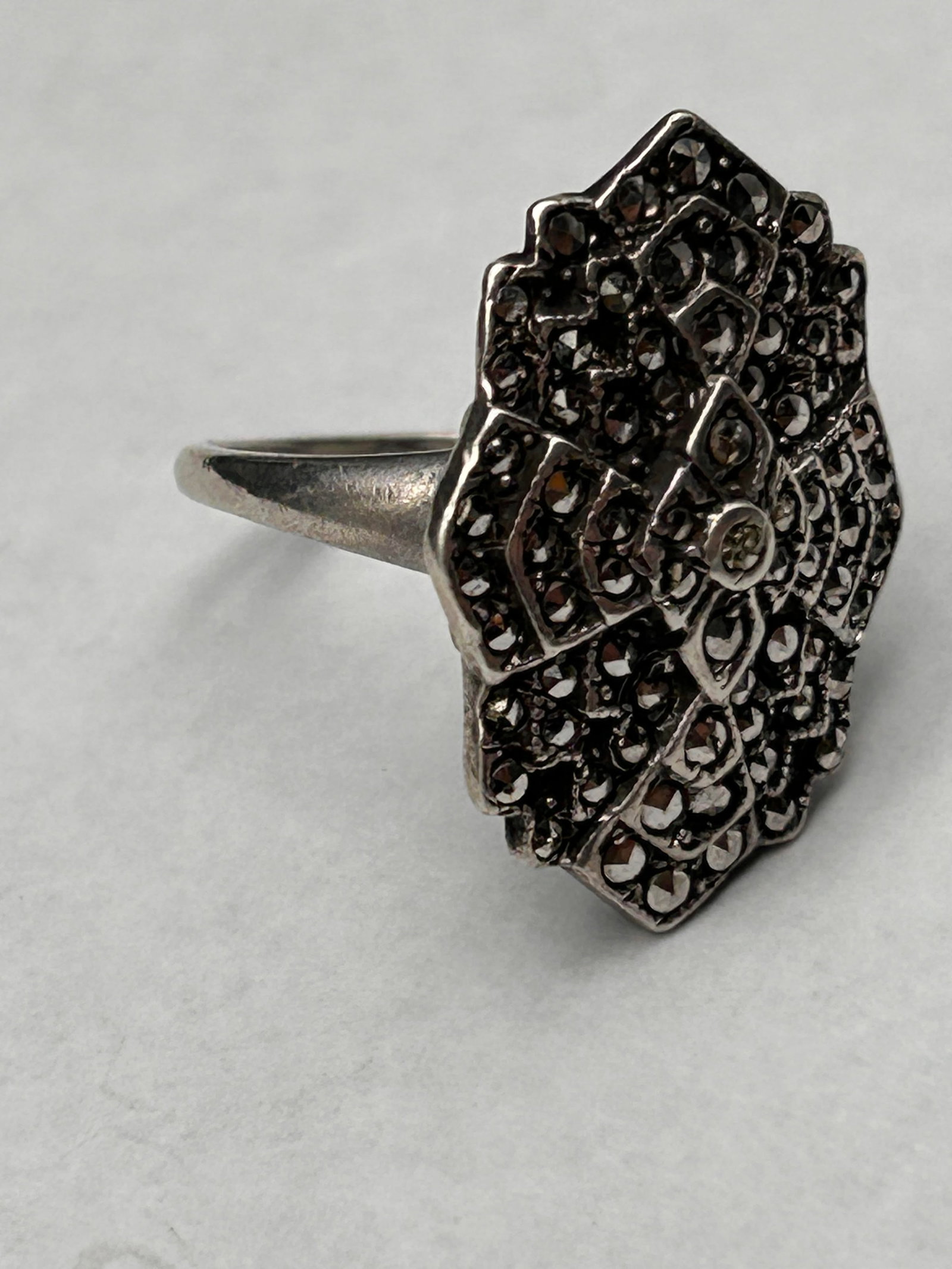 Uncas Sterling Silver Marcasite Statement Ring, 1" Face, Size 7.5, Hallmarked, Stamped Sterling: Bidding on this item will be indication that the Bidder acknowledges that they have read and agreed to the Terms and Conditions posted to this Auction
