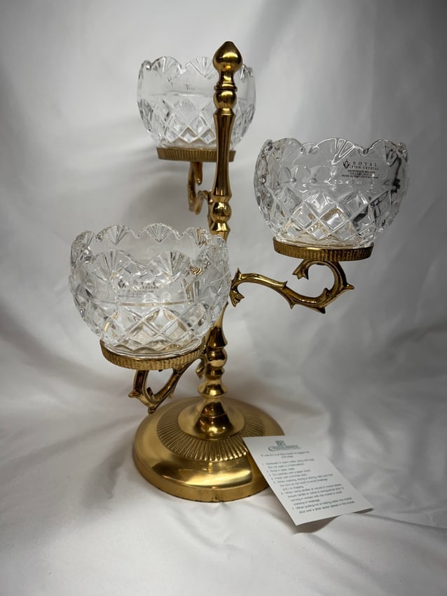 ROYAL IRISH CRYSTAL Candelabra, New In Box, 24% Lead Crystal, Brass Candelabra, 12" tall (1 of 5)