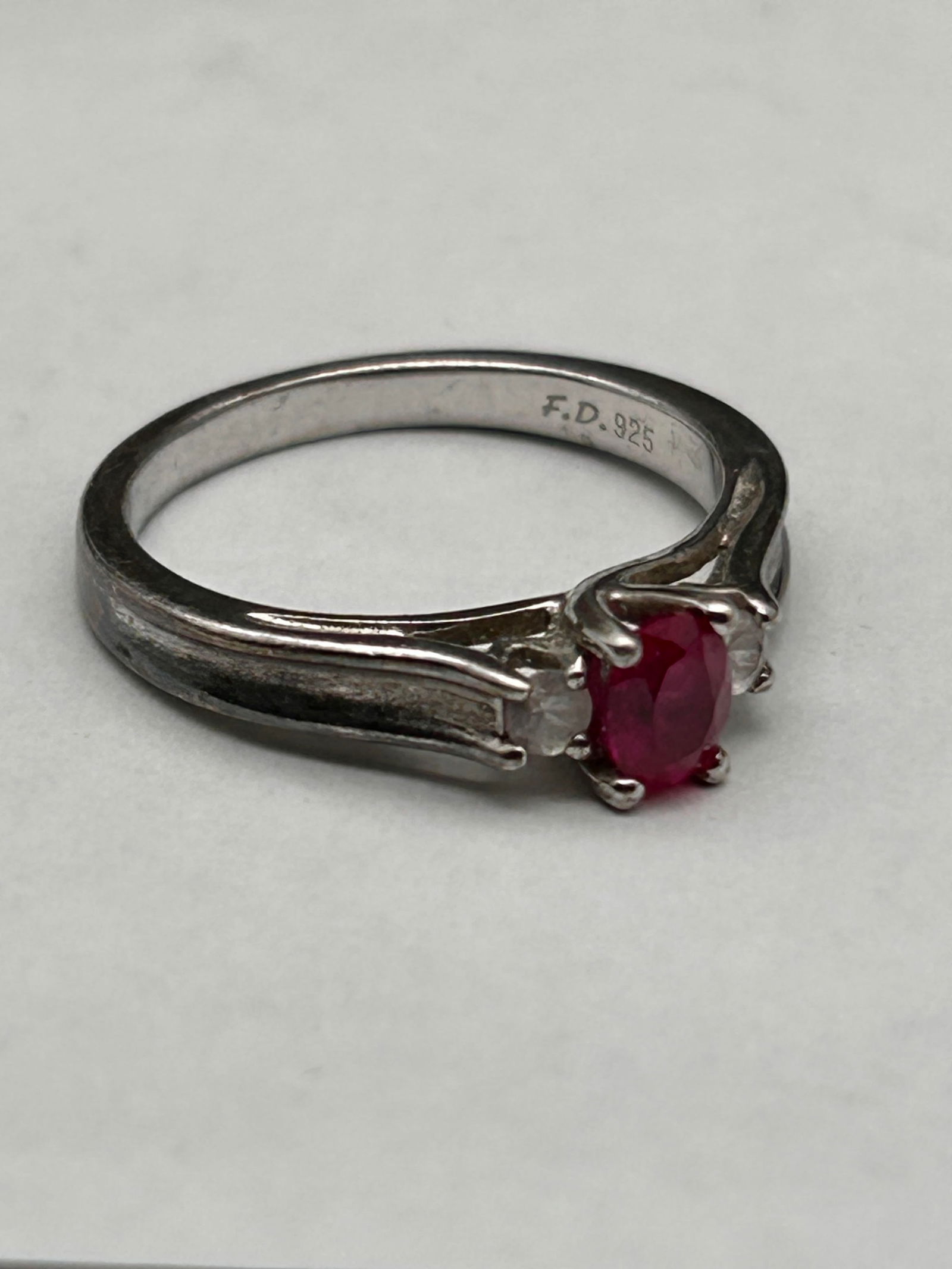 Vibrant Felicia Design Ruby Cubic Zirconia Sterling Silver Ring, Marked 925 F.D., Size 6.75 (1 of 4)