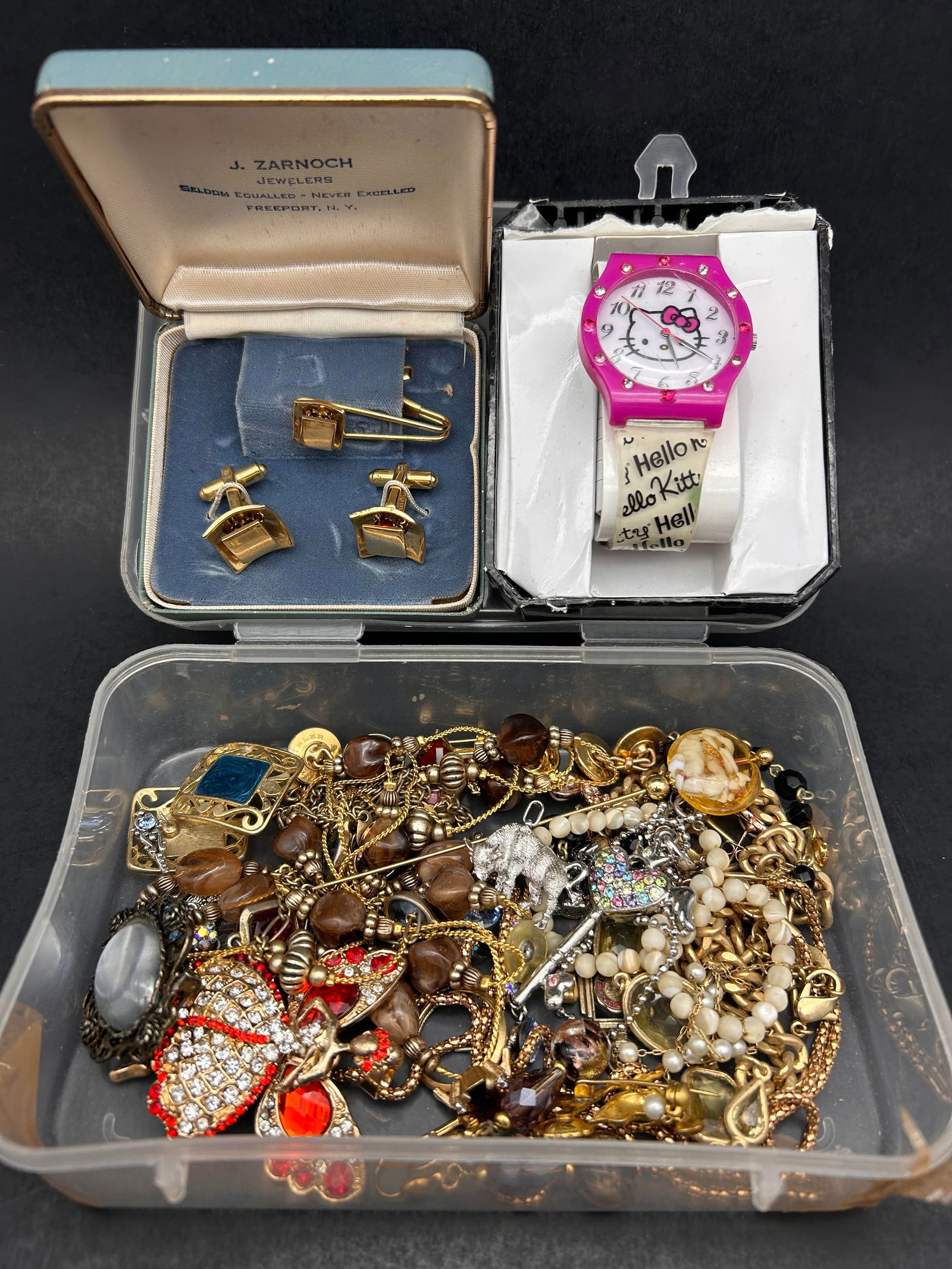 Estate Lot of Vintage Jewelry, Hello Kitty Watch, Cufflink and Tie Clip Set, Plastic Box is 6.5" (1 of 4)