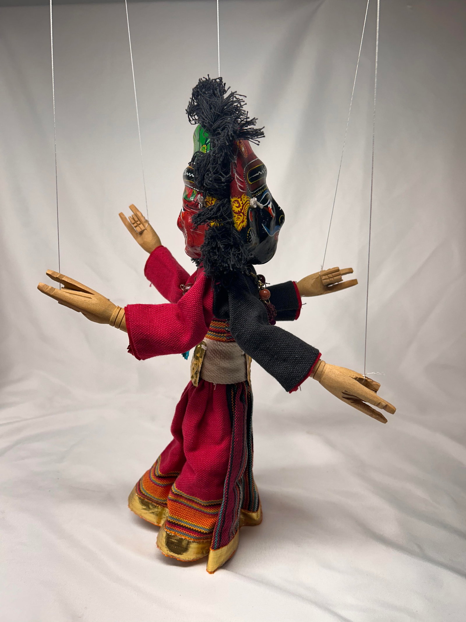 Nepal Marionette Two Sided Dancing Doll, Handmade, Clay mask, Wood hands and Feet, 12" (1 of 6)