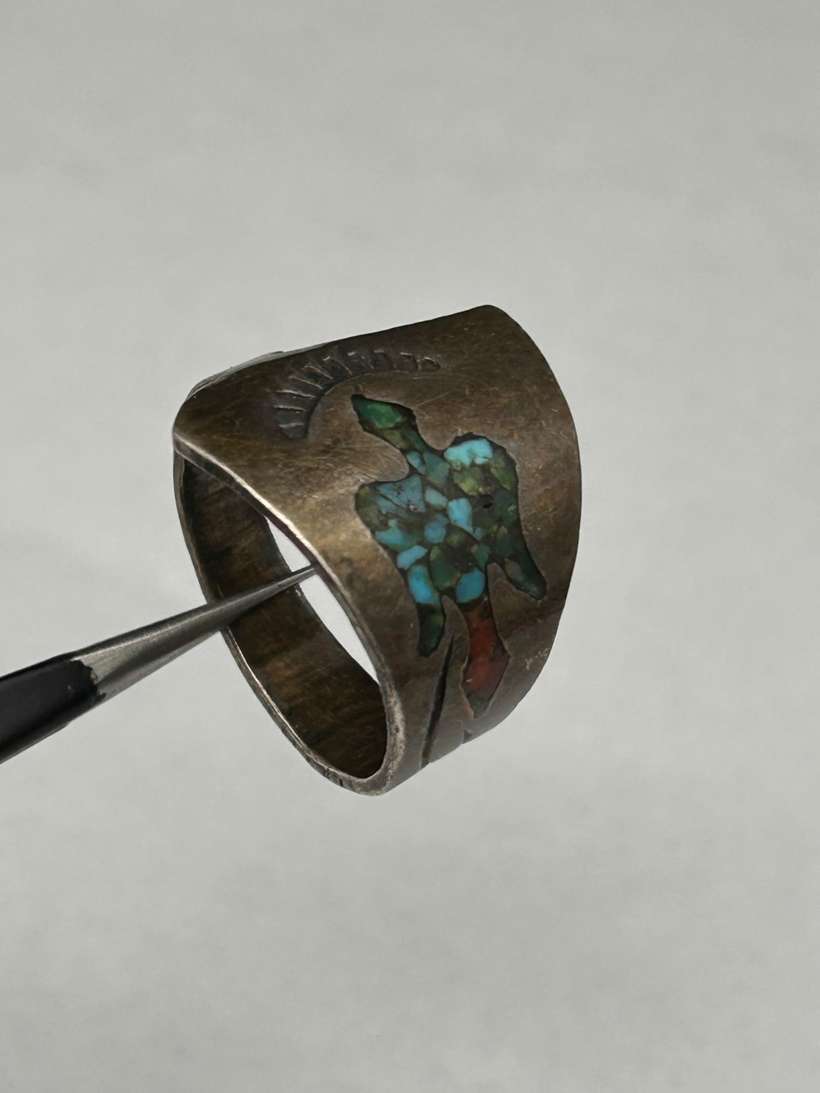 Native American Sterling Silver Turquoise & Coral Chip Inlay Thunderbird Spoon Ring, tested, Size 9 (1 of 4)
