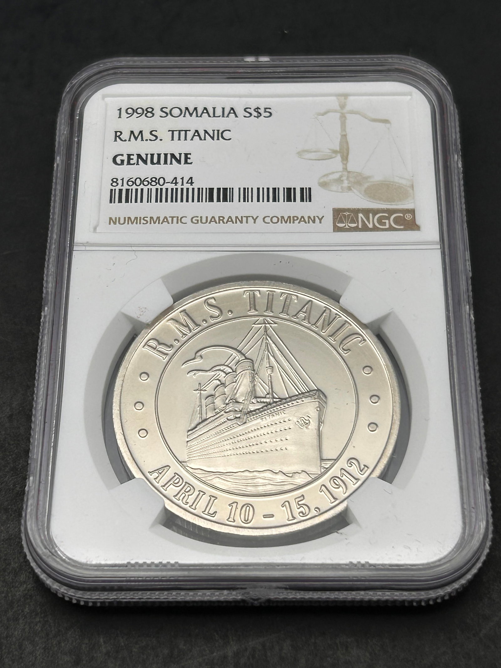 Genuine 1998 Somalia S $5 R.M.S. TITANIC Coin, NGC Slab (1 of 4)