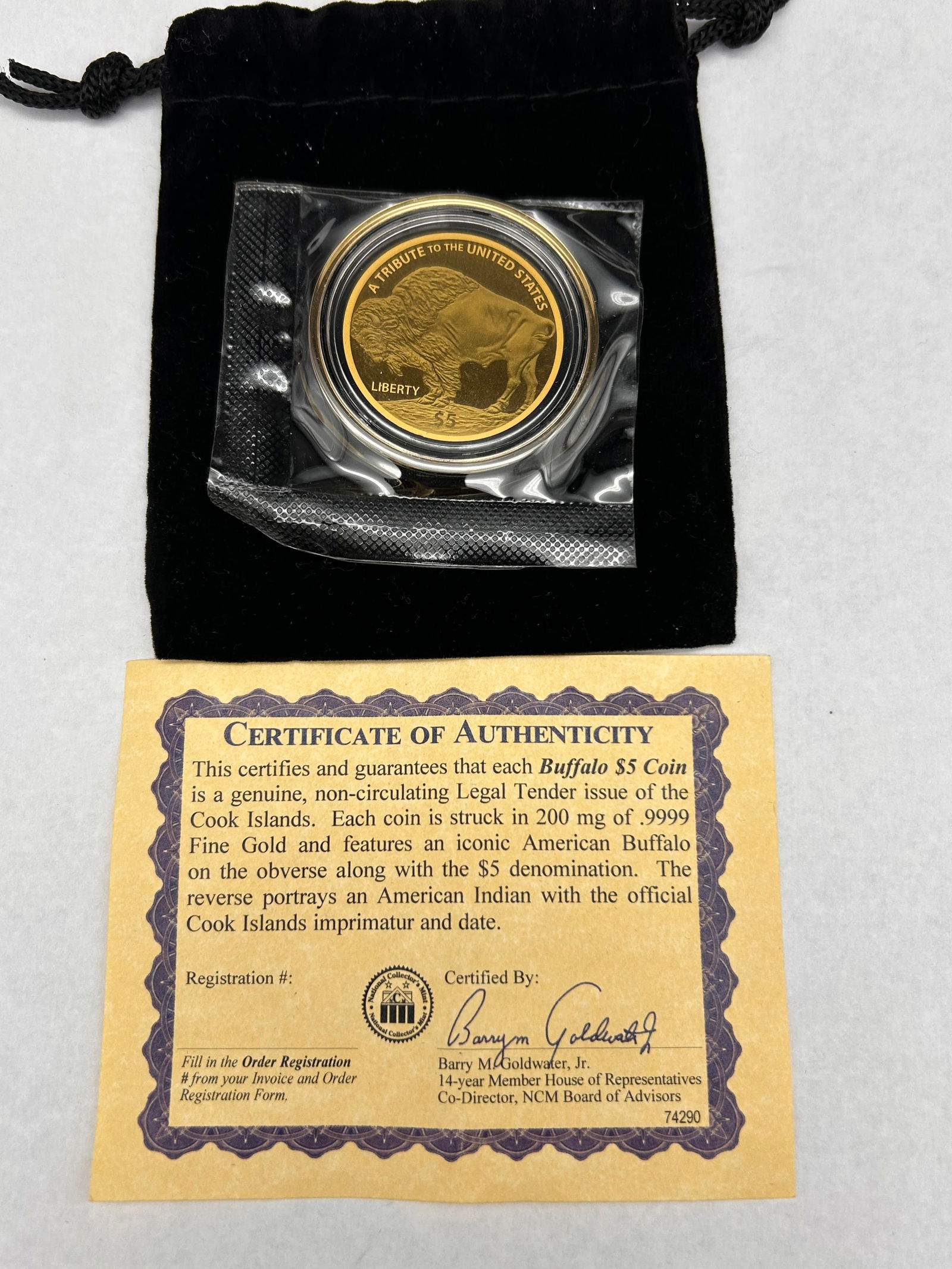 Buffalo $5 Coin, non-circulating Legal Tender Copy, 200mg of .9999 Fine Gold, American Indian, COA: Bidding on this item will be indication that the Bidder acknowledges that they have read and agreed to the Terms and Conditions posted to this Auction