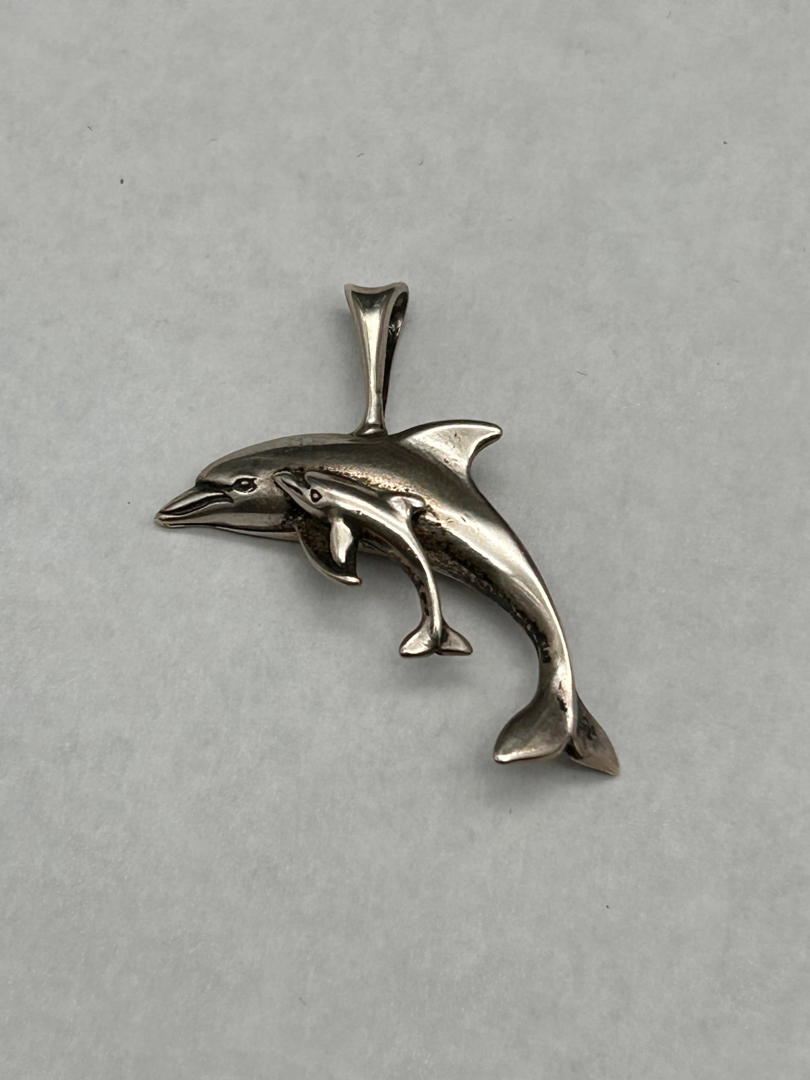 Swimming Dolphin and Calf Pendant, Sterling Silver, Hallmarked, 1.25": Bidding on this item will be indication that the Bidder acknowledges that they have read and agreed to the Terms and Conditions posted to this Auction