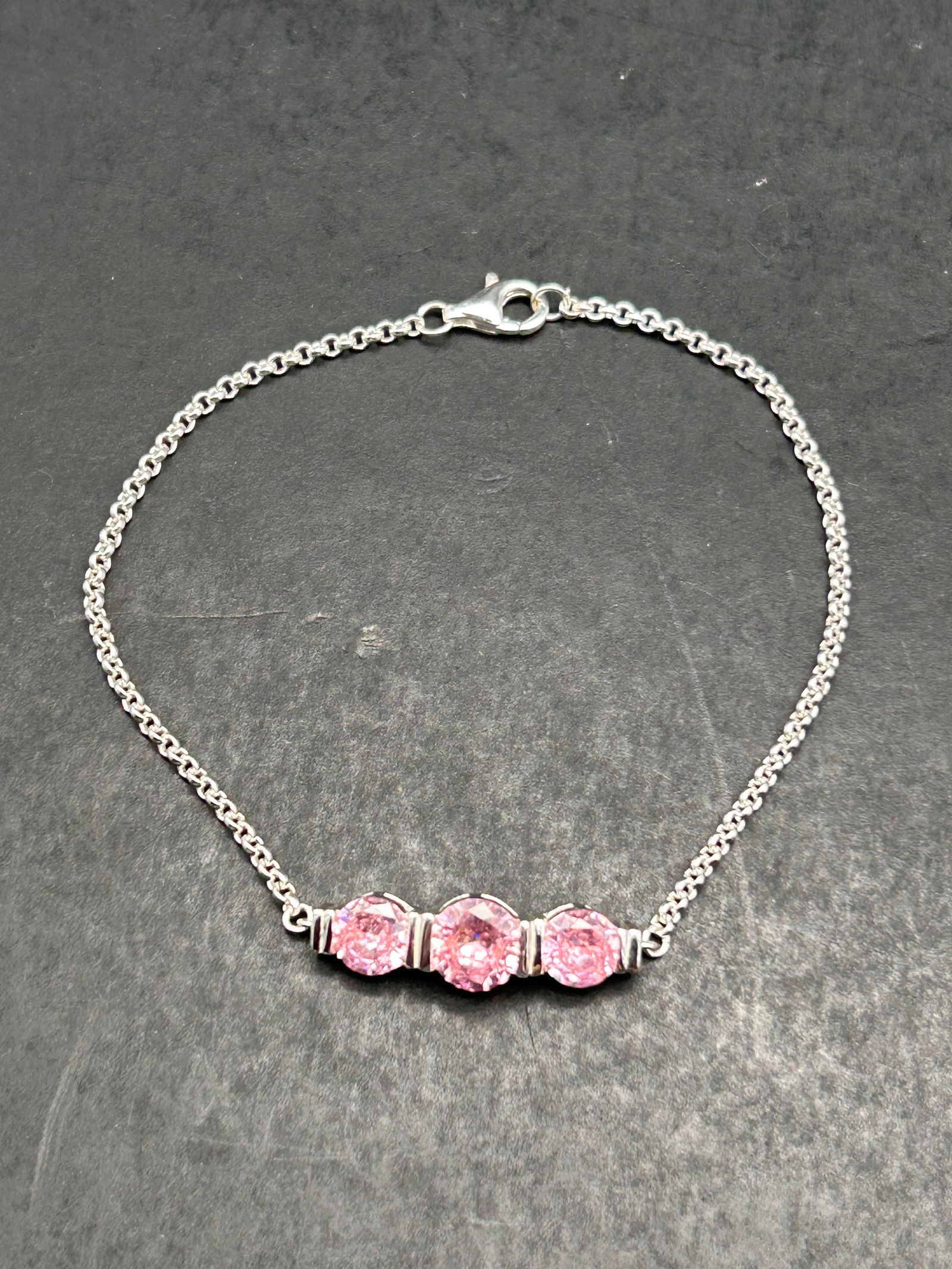 Triple Pink Gemstone Sterling Silver Bracelet, Rolo Link, Marked 925, Makers Mark JC, 7.25" (1 of 5)