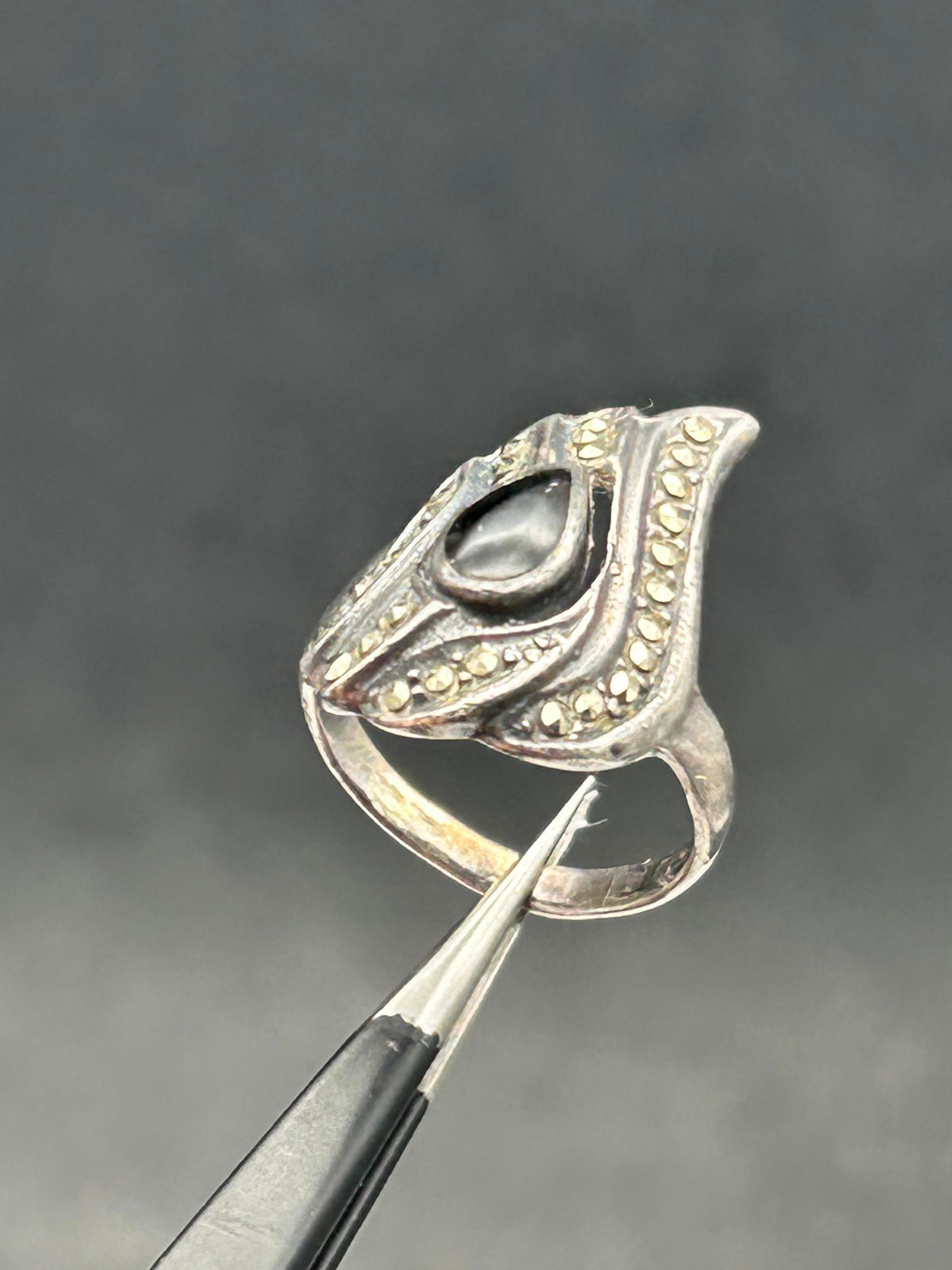 Teardrop Flame Shaped Onyx and Marcasite Sterling Silver Ring, Marked 925, Size 5.5 (1 of 5)