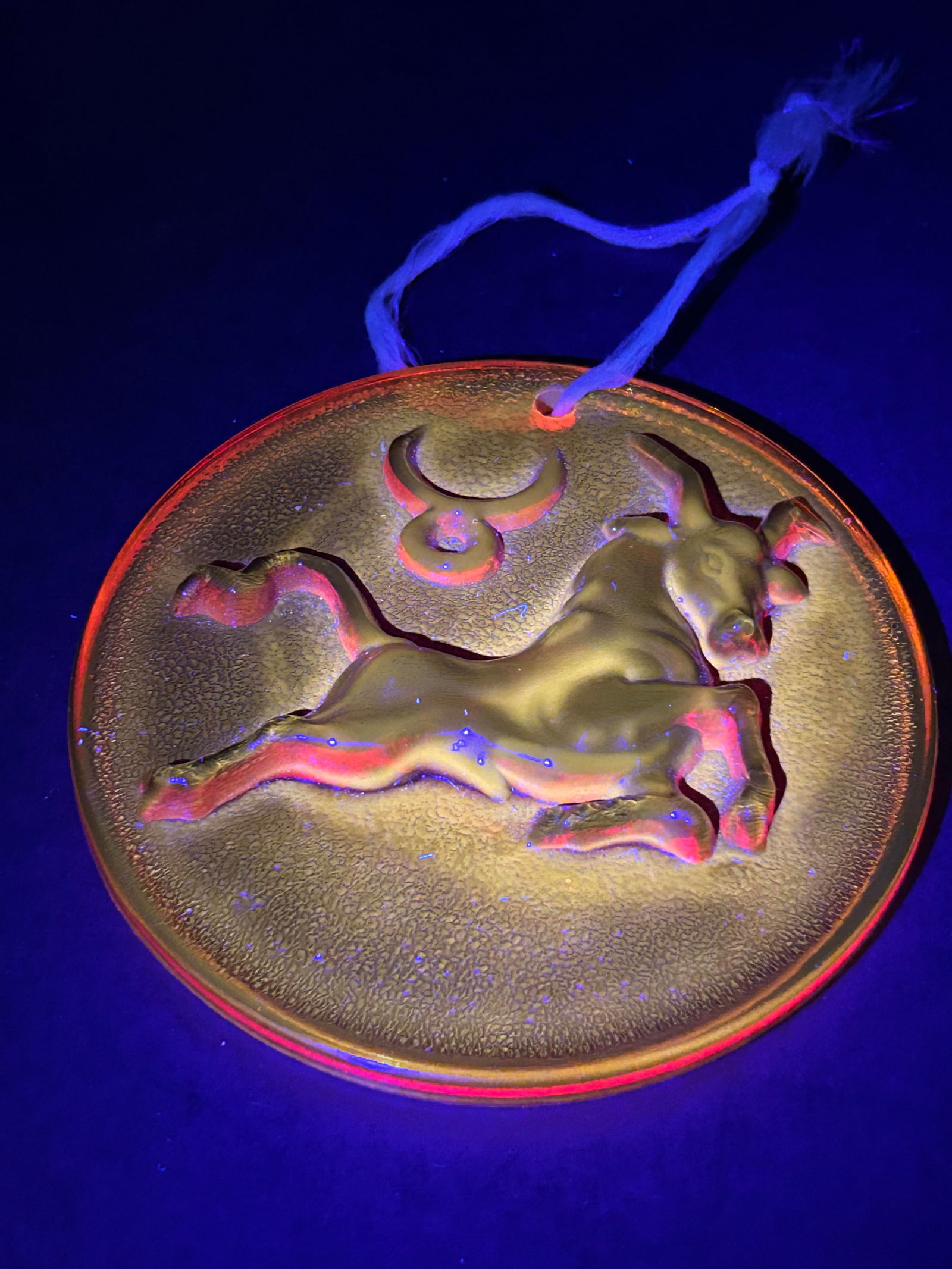 Capricorn Zodiac Glass Ornament, 4" Pendant, Red with Yellow Edge, Cadmium Glow under UV Light (1 of 7)