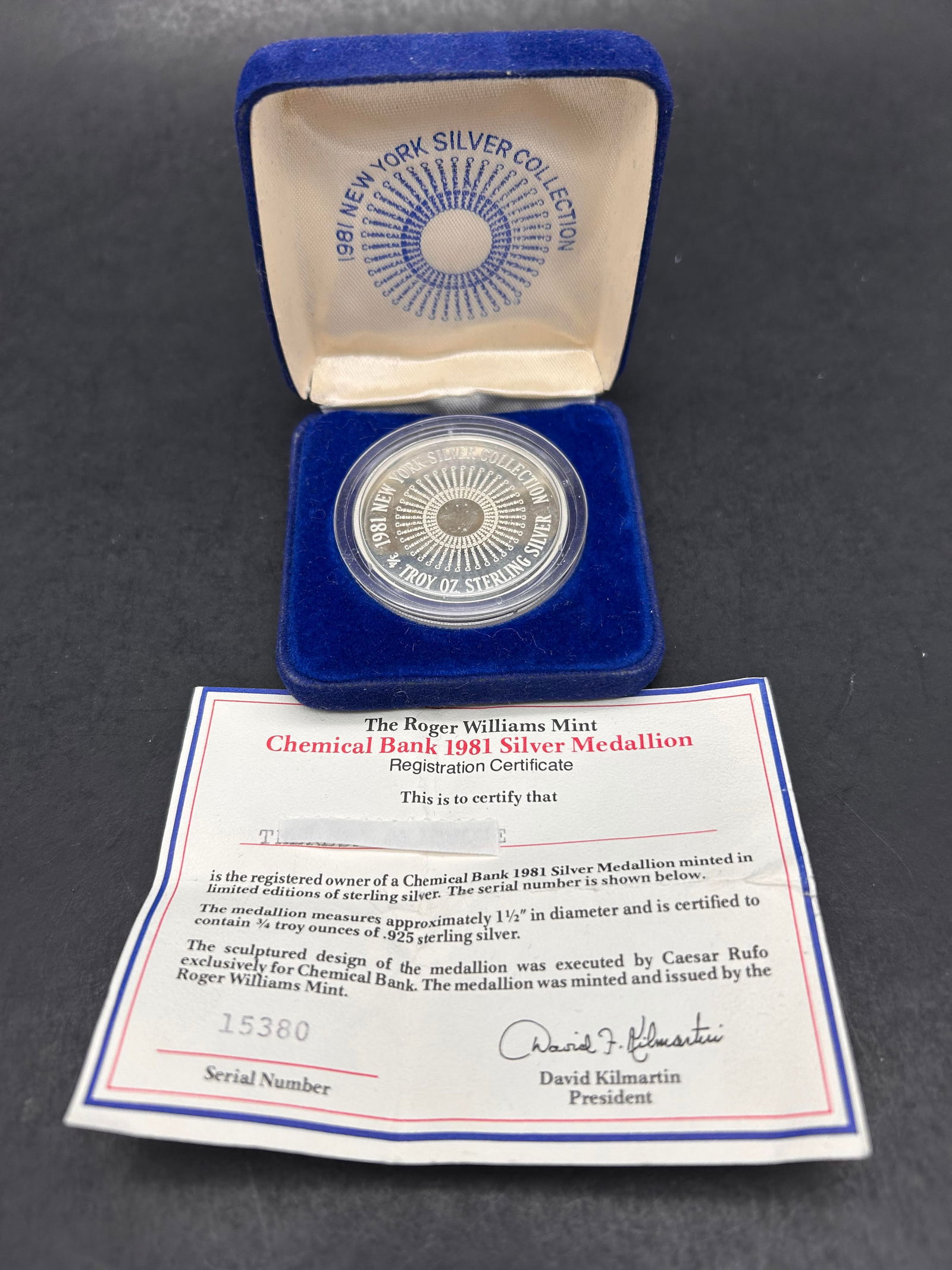 Chemical Bank 1981 Silver Medallion, 1.5" diameter, 3/4 Troy Oz of .925 Sterling Silver, Serialized (1 of 5)
