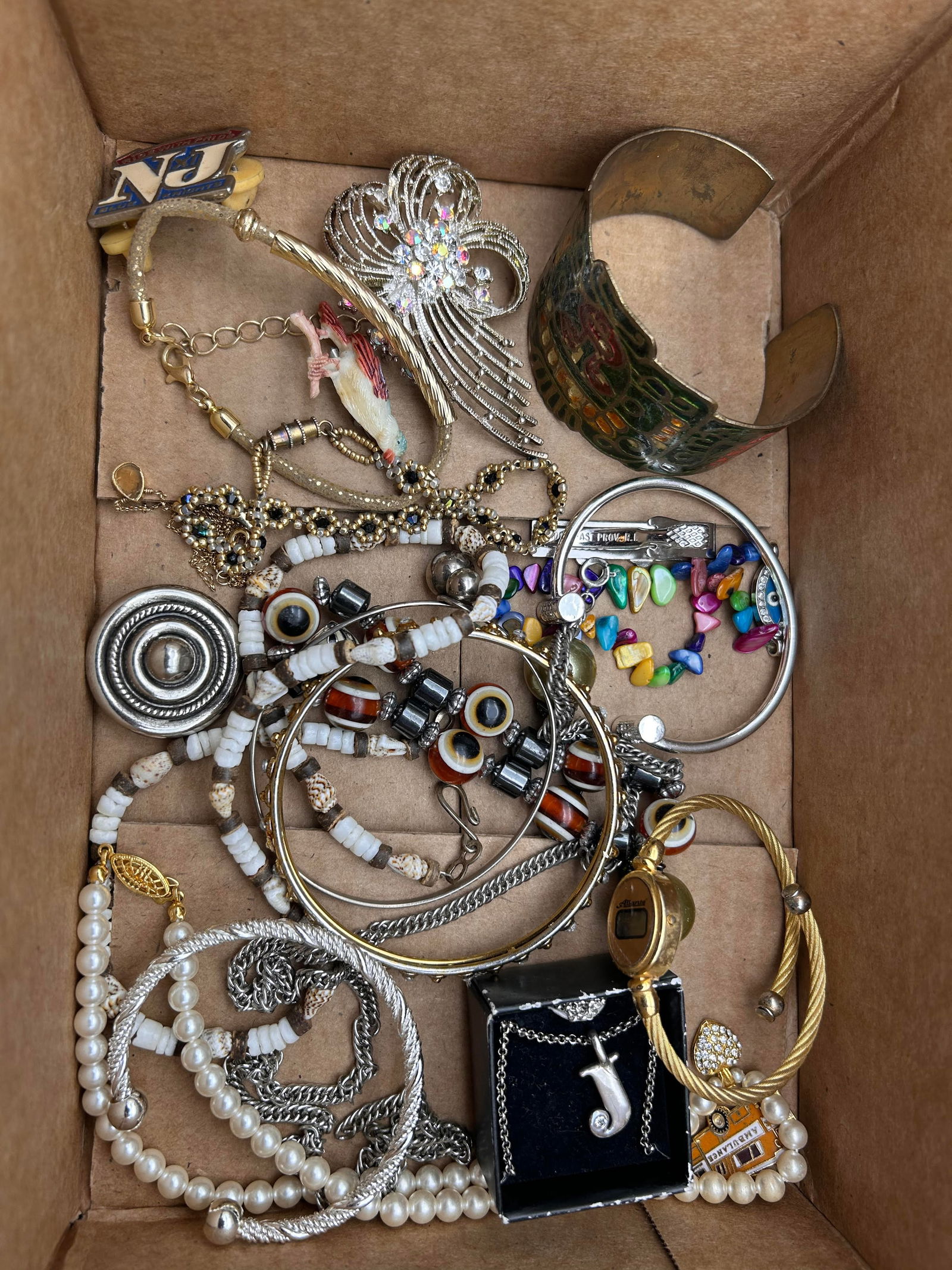 Fashion Jewelry Mixed Lot, Cuff Bracelet, Brooches, Assorted Wearable Pieces, Watch needs battery (1 of 5)