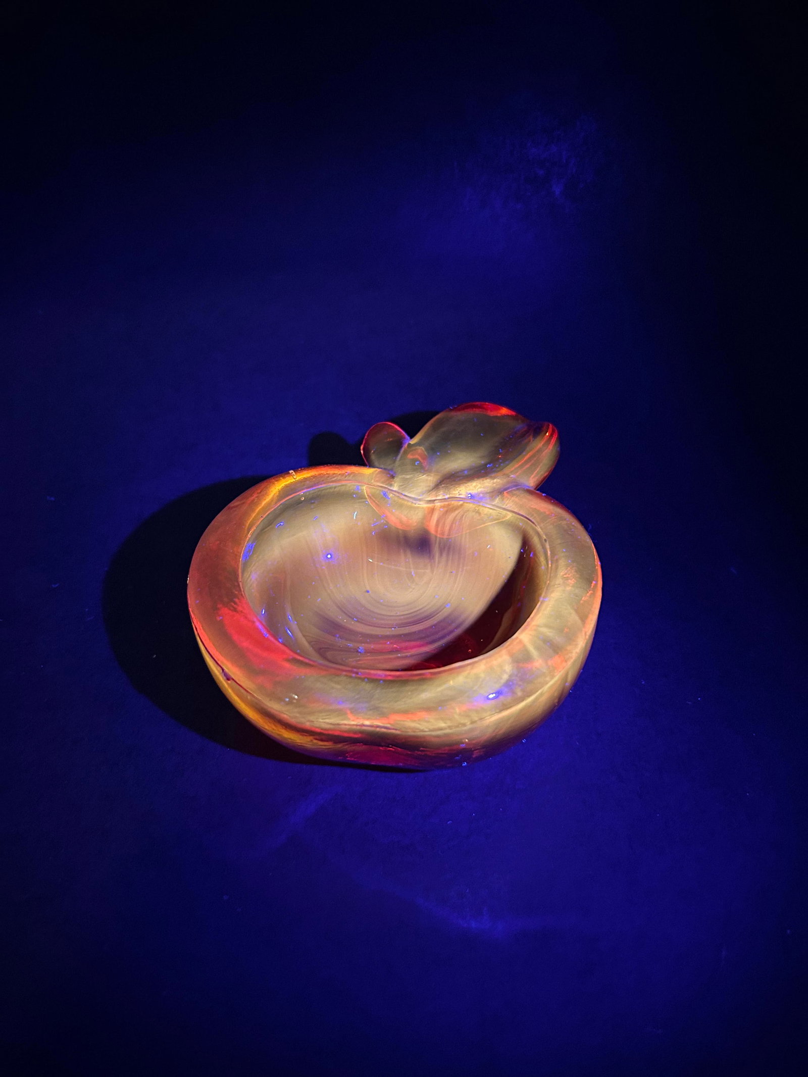 Red and Orange Glass Stemmed Apple Candy Dish or Ashtray, 4.5", Glows under UV Light: Bidding on this item will be indication that the Bidder acknowledges that they have read and agreed to the Terms and Conditions posted to this Auction