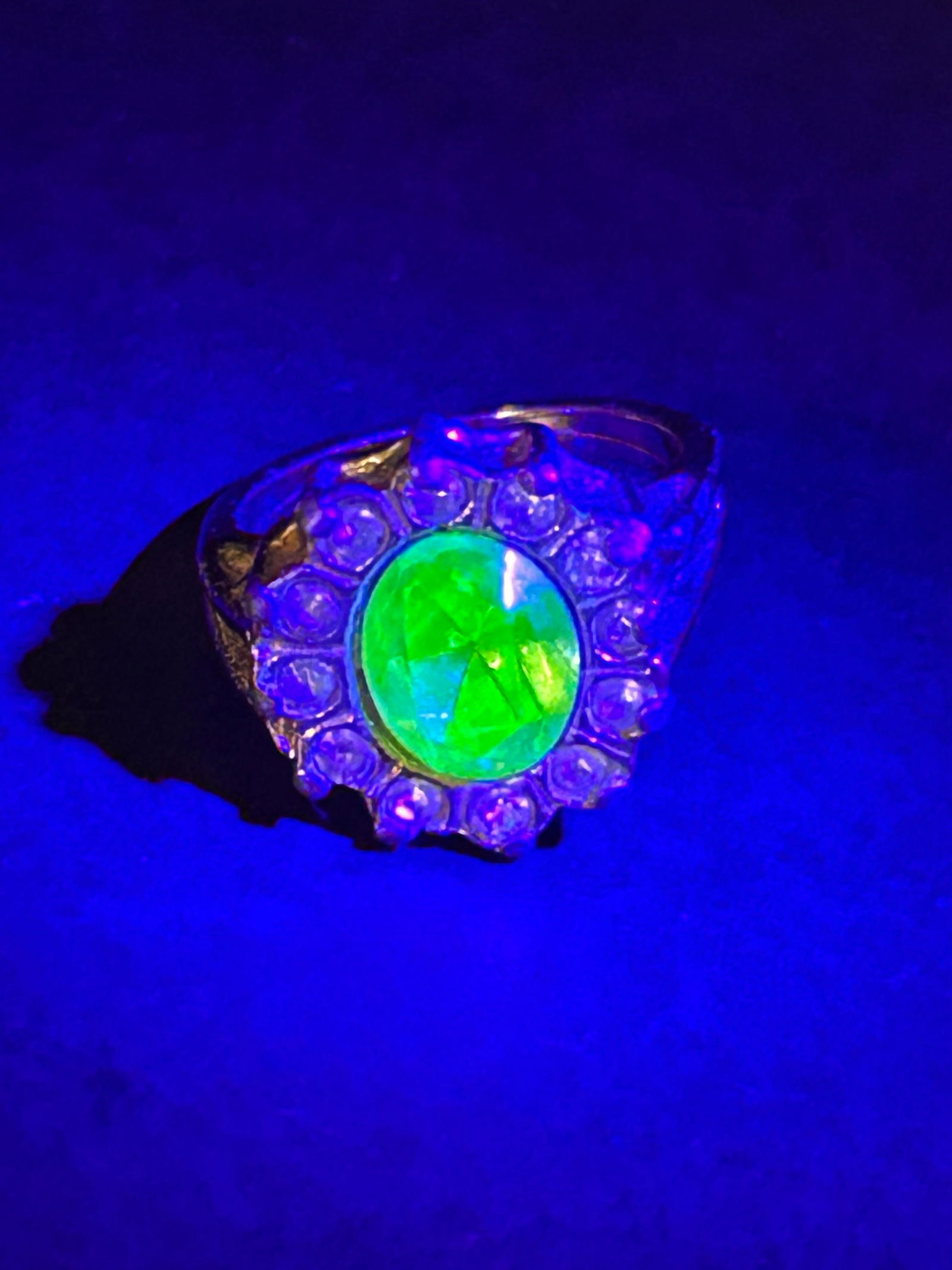 Antique Costume Ring, Gold Toned, Uranium Glass Oval Center, Clear Stone Halo, Worn from Use, Sz 7.5 (1 of 6)