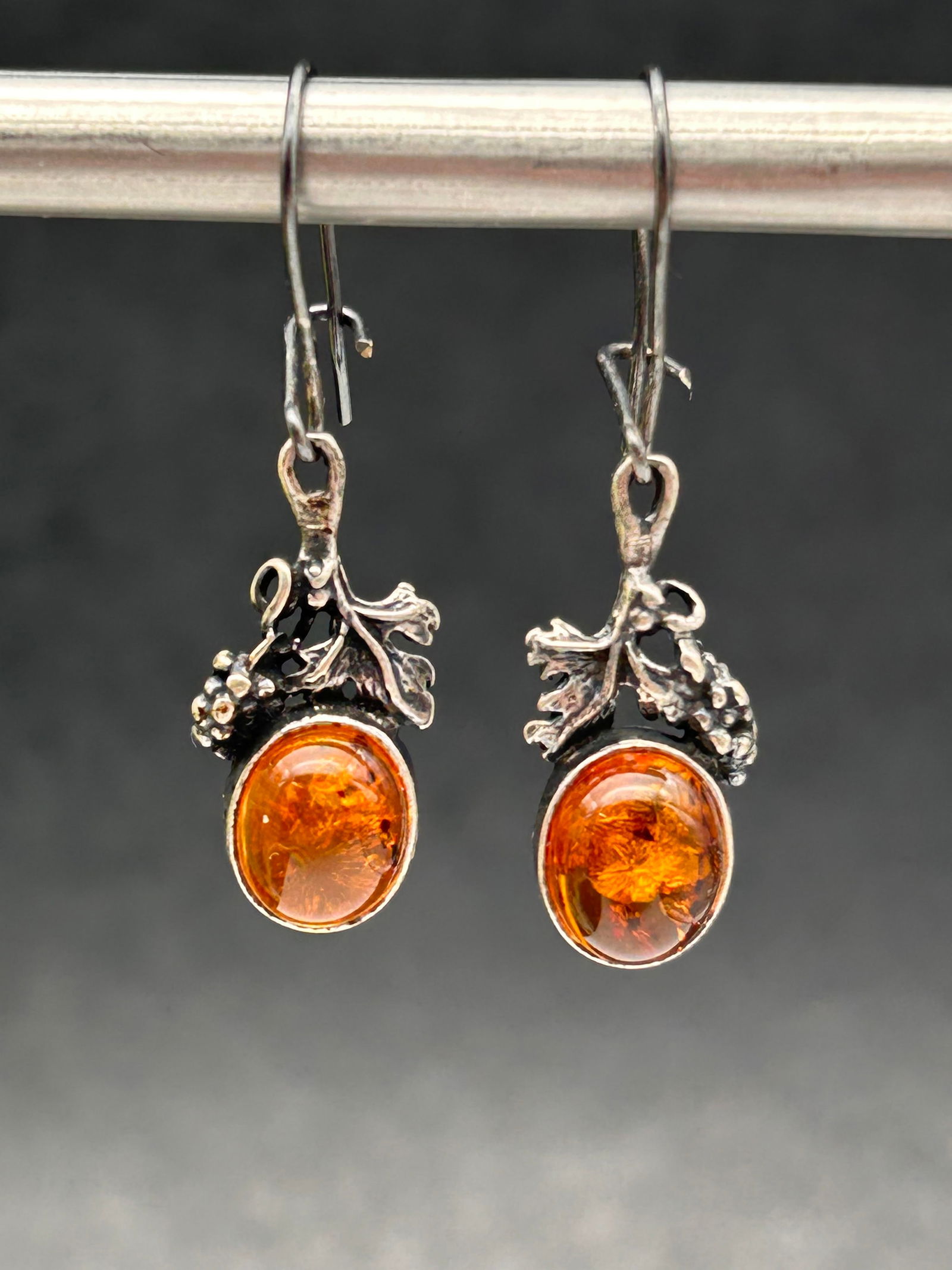 Amber Oval Cabochon Floral Leaf Etched Dangle Earrings, Sterling 925, 1" (1 of 4)