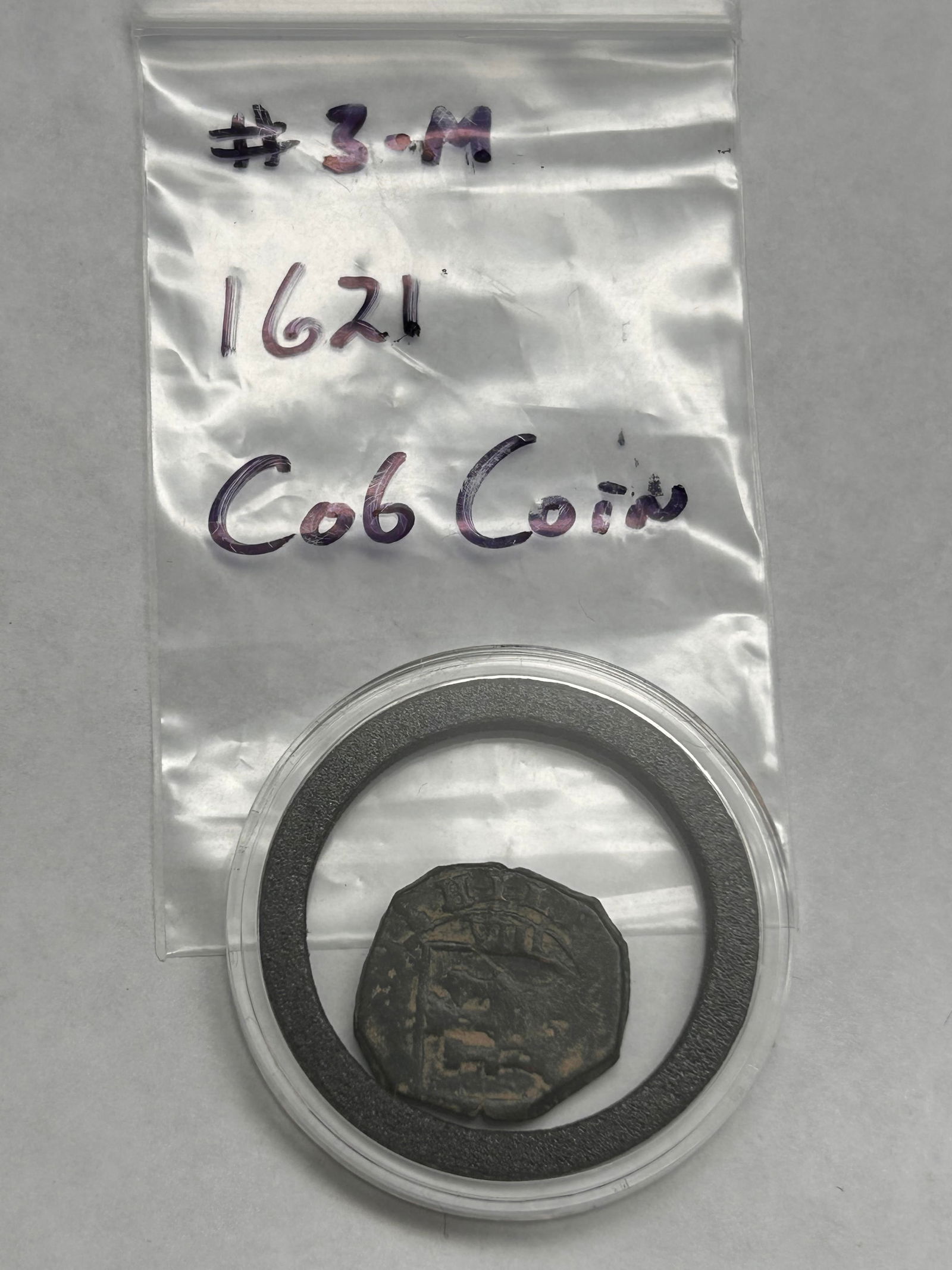 1621 Spanish Cob Coin, Philip III, Lion, Crest, Castle, Irregular Shape, 3/4", Hard Case (1 of 3)