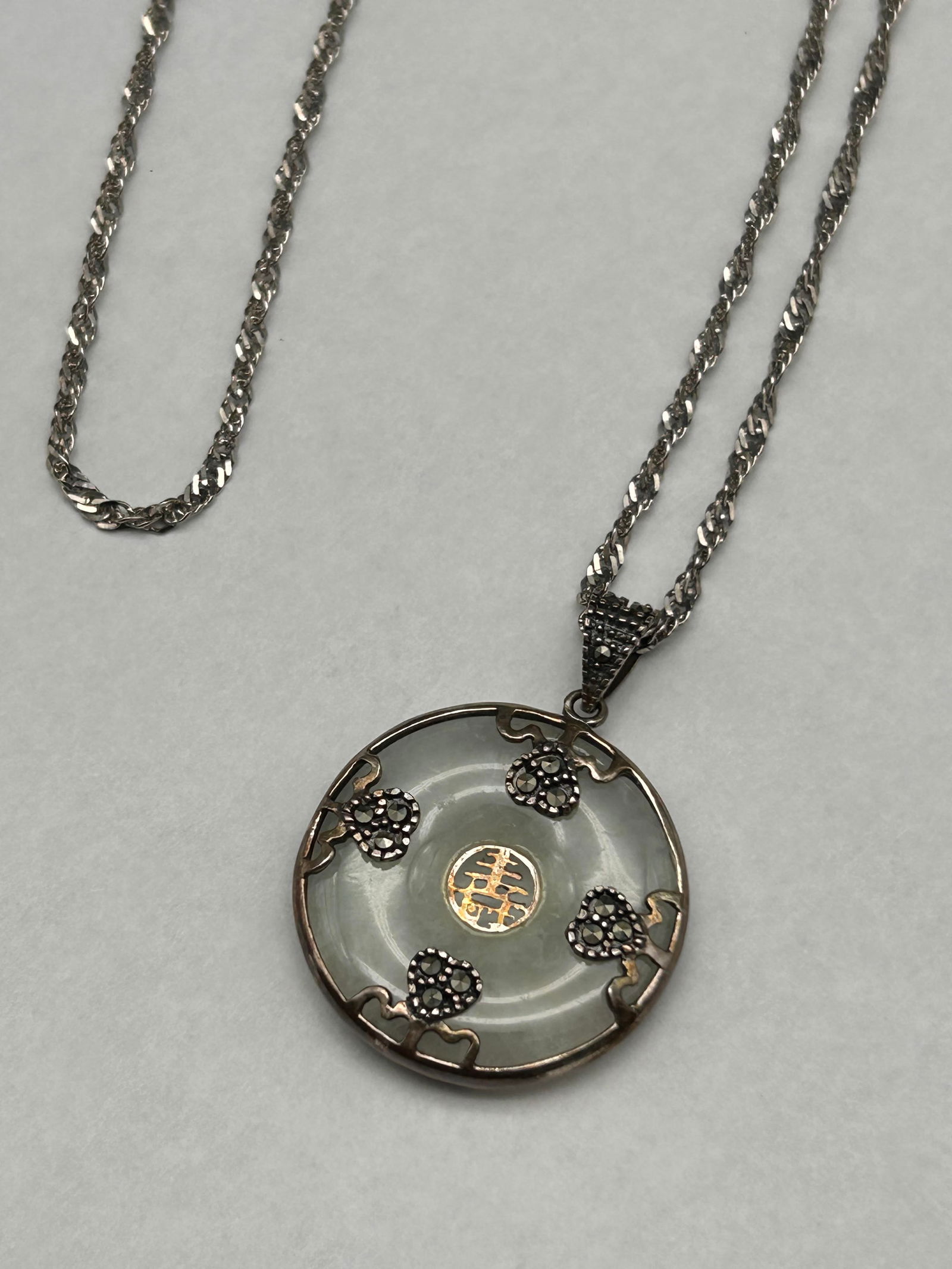 Sterling Silver & Marcasite Jade Bi / Pi Pendant Longevity Symbol on 24" Sterling Rope Chain, 925 (1 of 4)