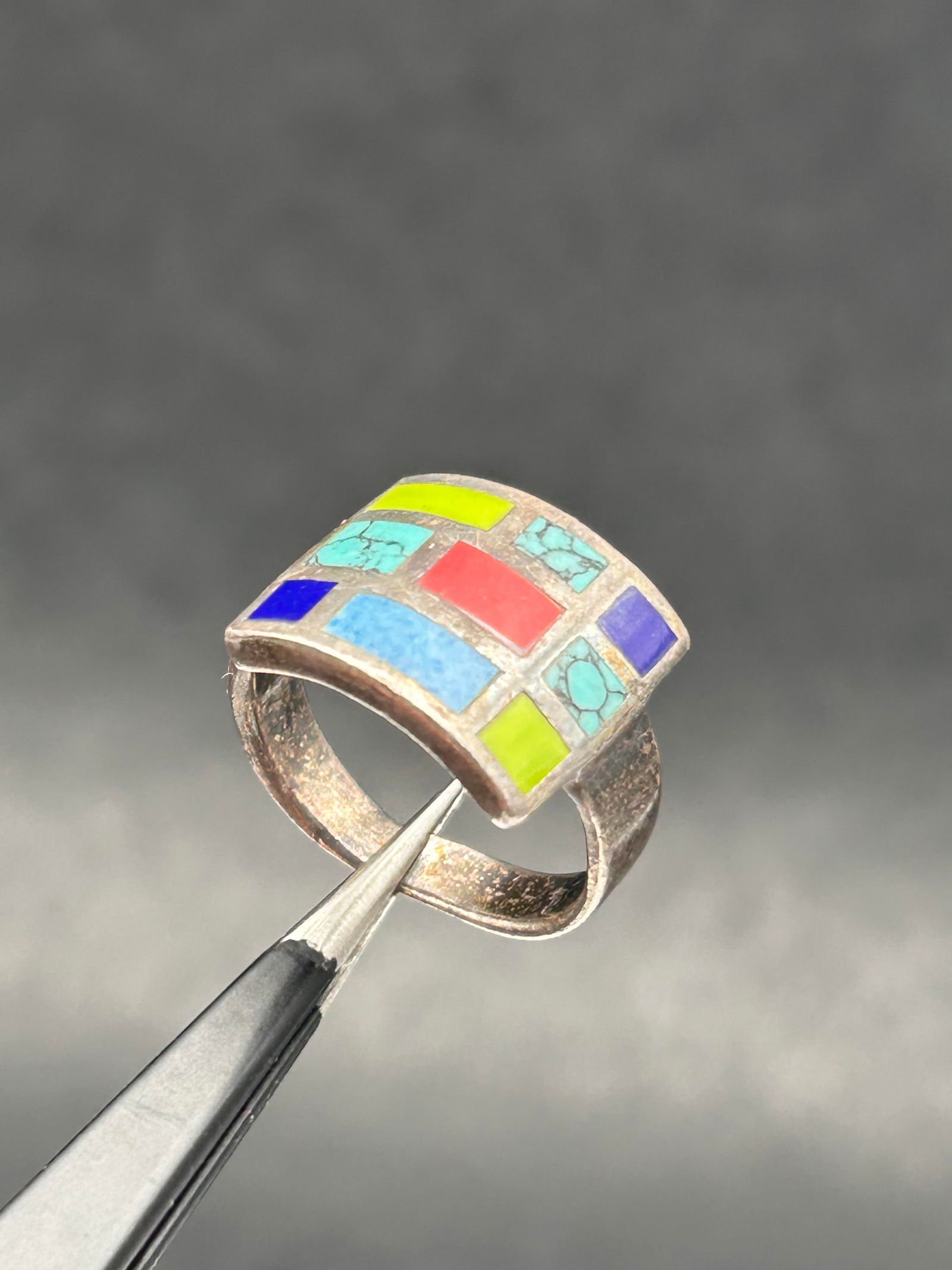 Turquoise, Coral and Mixed Stone Color Block Sterling Silver Ring, Southwestern, Marked 925, Size 7 (1 of 6)