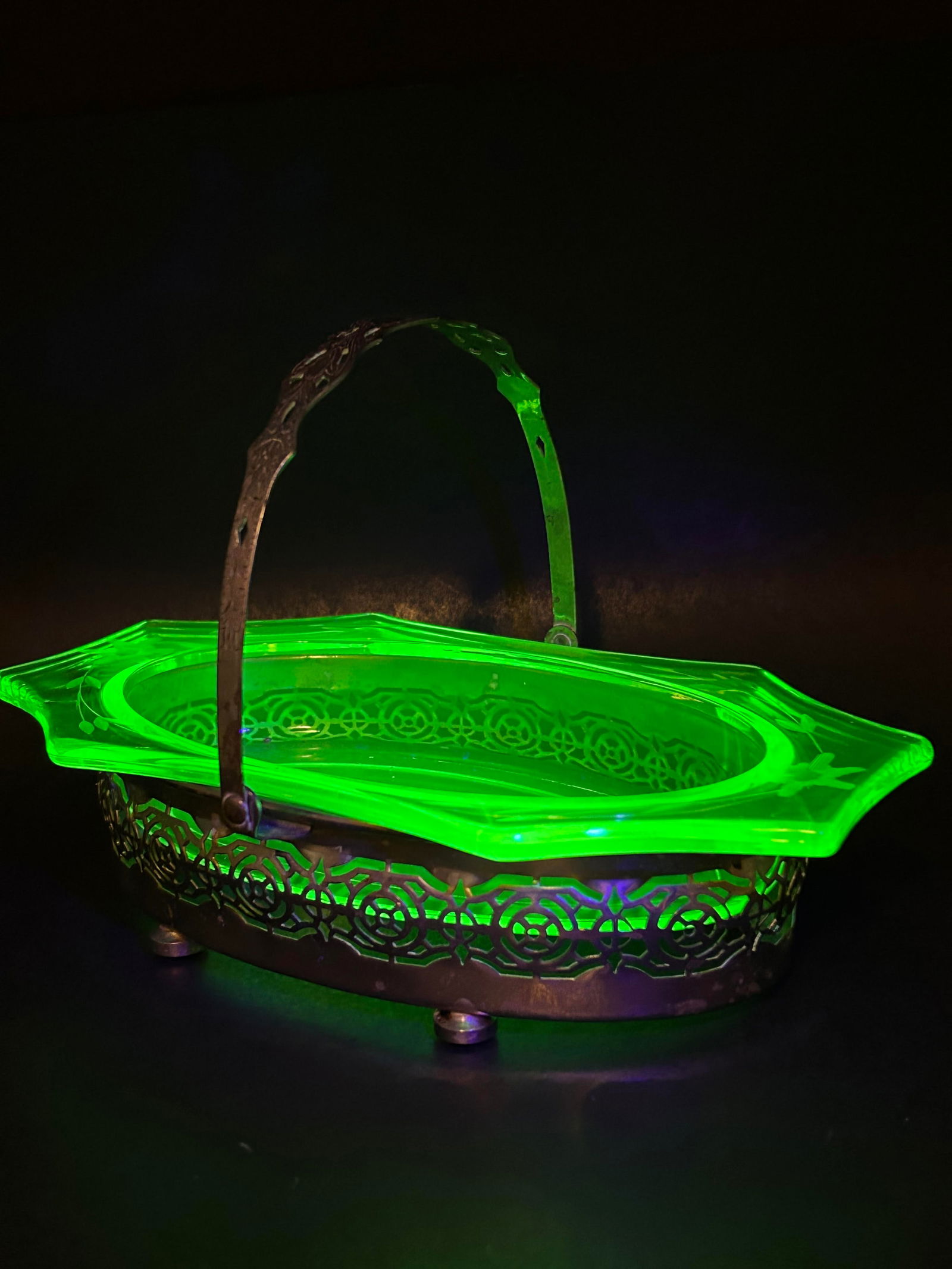 Early Green Uranium Depression Glass Oblong Floral Etched Dish in Silver Footed Carrier Basket, 8.5" (1 of 7)