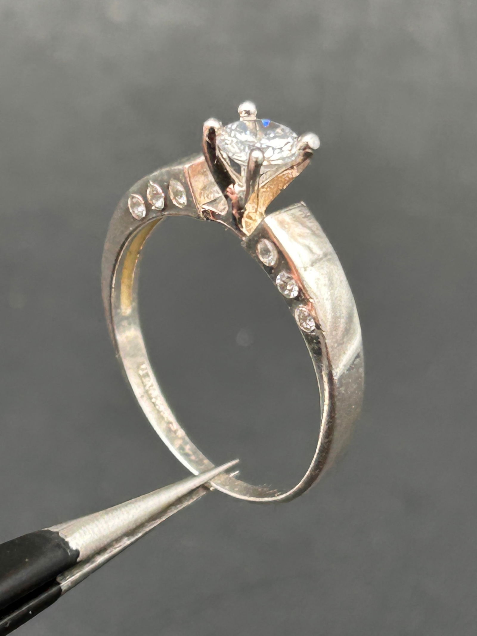 Solitaire Sterling Silver Ring, Round Cut Clear Stone, Clear Round Accents on Side, Marked GE43 925 (1 of 5)