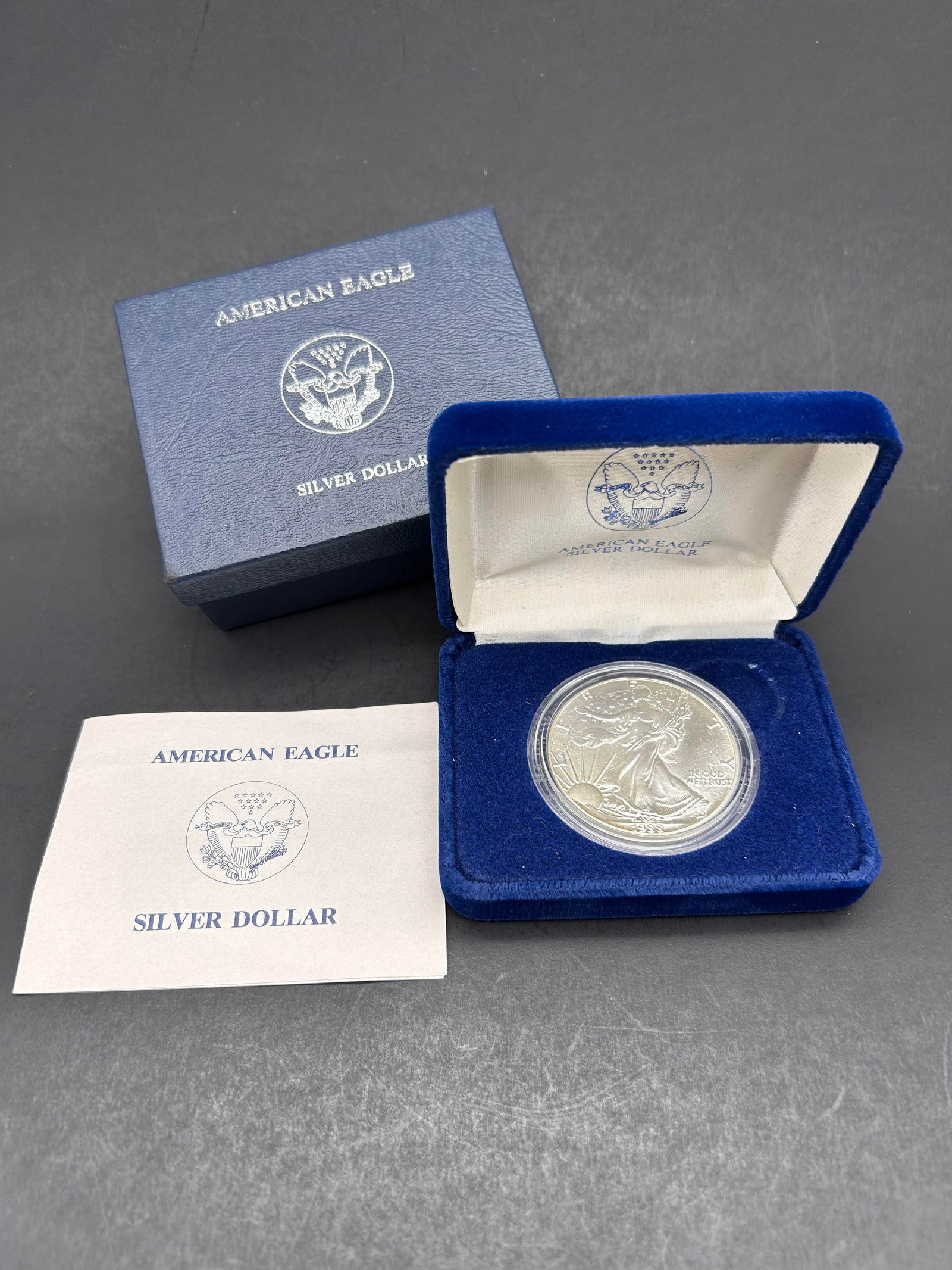 99.9% Silver, 1 Troy Oz, 1988 American Eagle Silver Dollar, US Mint, 1.598" diameter, Original Case (1 of 4)