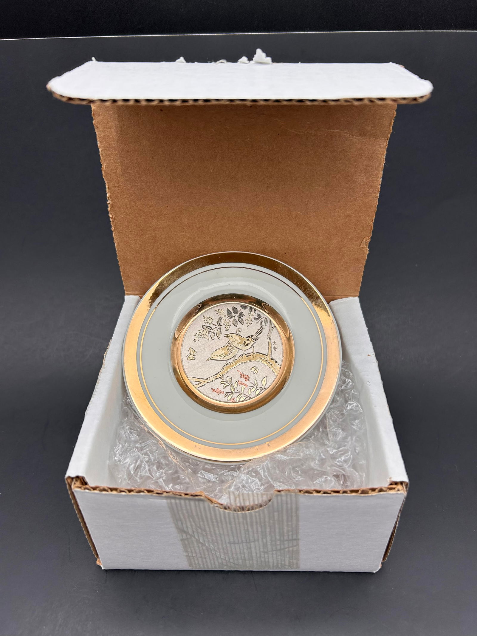 Art Of Chokin 24KT Gold Edged 4" Plate, Engraved, Two Birds on Branch, In Box, Japan (1 of 3)