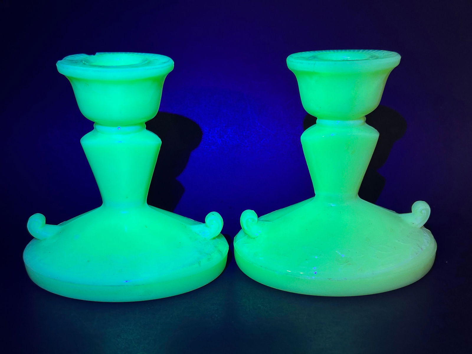 McKee Candle Stick Holders, Laurel French Ivory, Depression Glass, Glow Under UV Light, 4" (1 of 8)