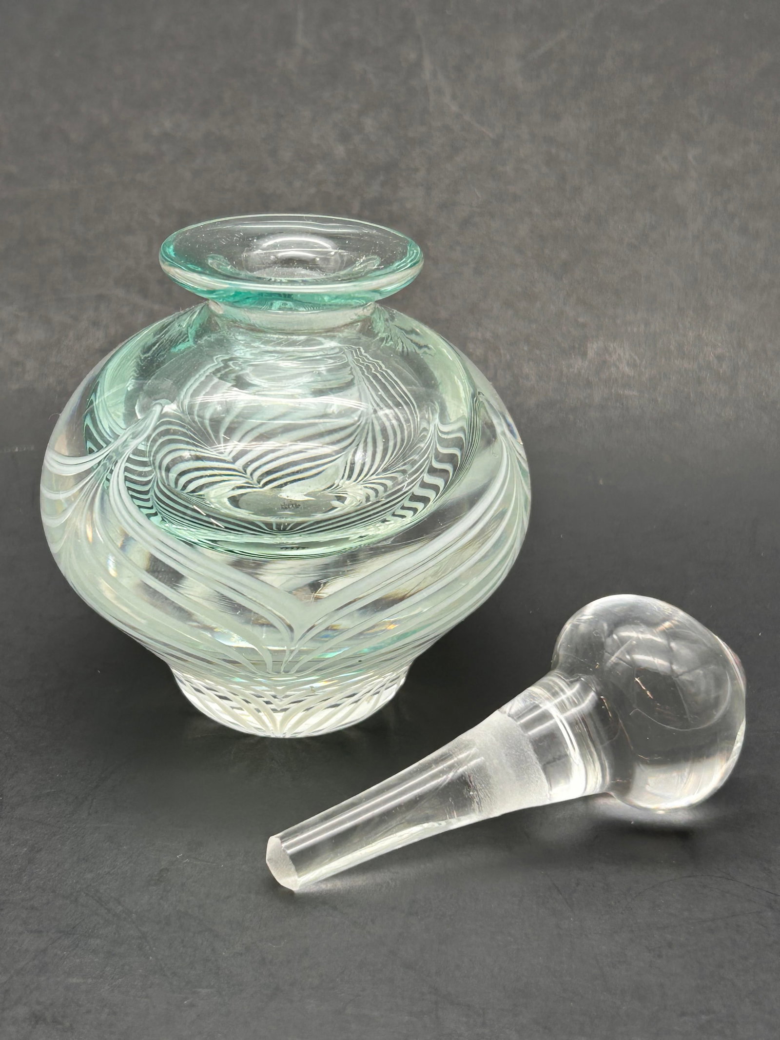 Handmade Blown Glass Perfume Bottle with White Swirling Pattern, 4" tall with Stopper, Signed Emile: Bidding on this item will be indication that the Bidder acknowledges that they have read and agreed to the Terms and Conditions posted to this Auction