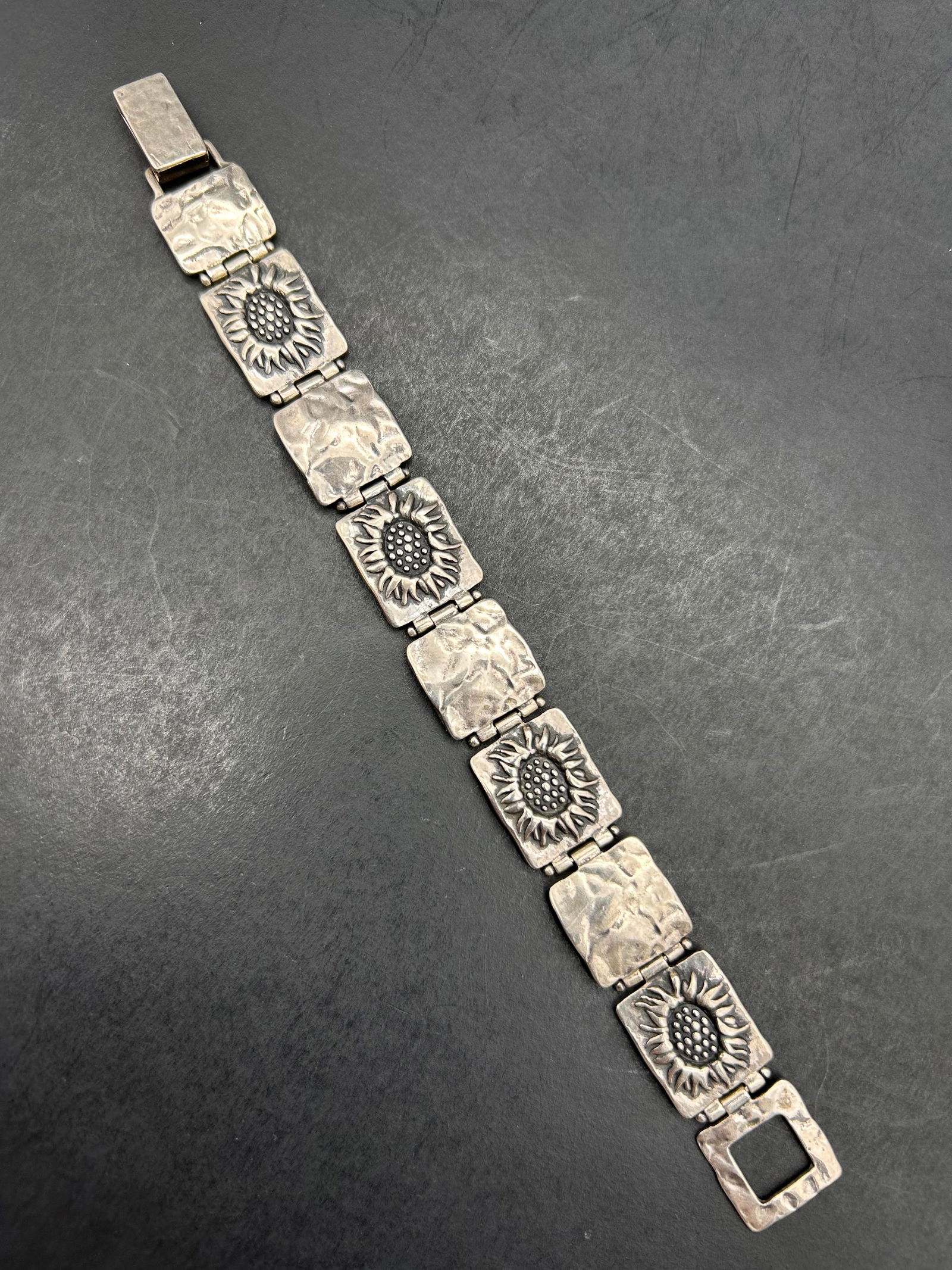 Sterling Silver Hammered and Sunflower Panel Link Bracelet, Designer B, ISRAEL, Marked 925, 7.5" (1 of 7)