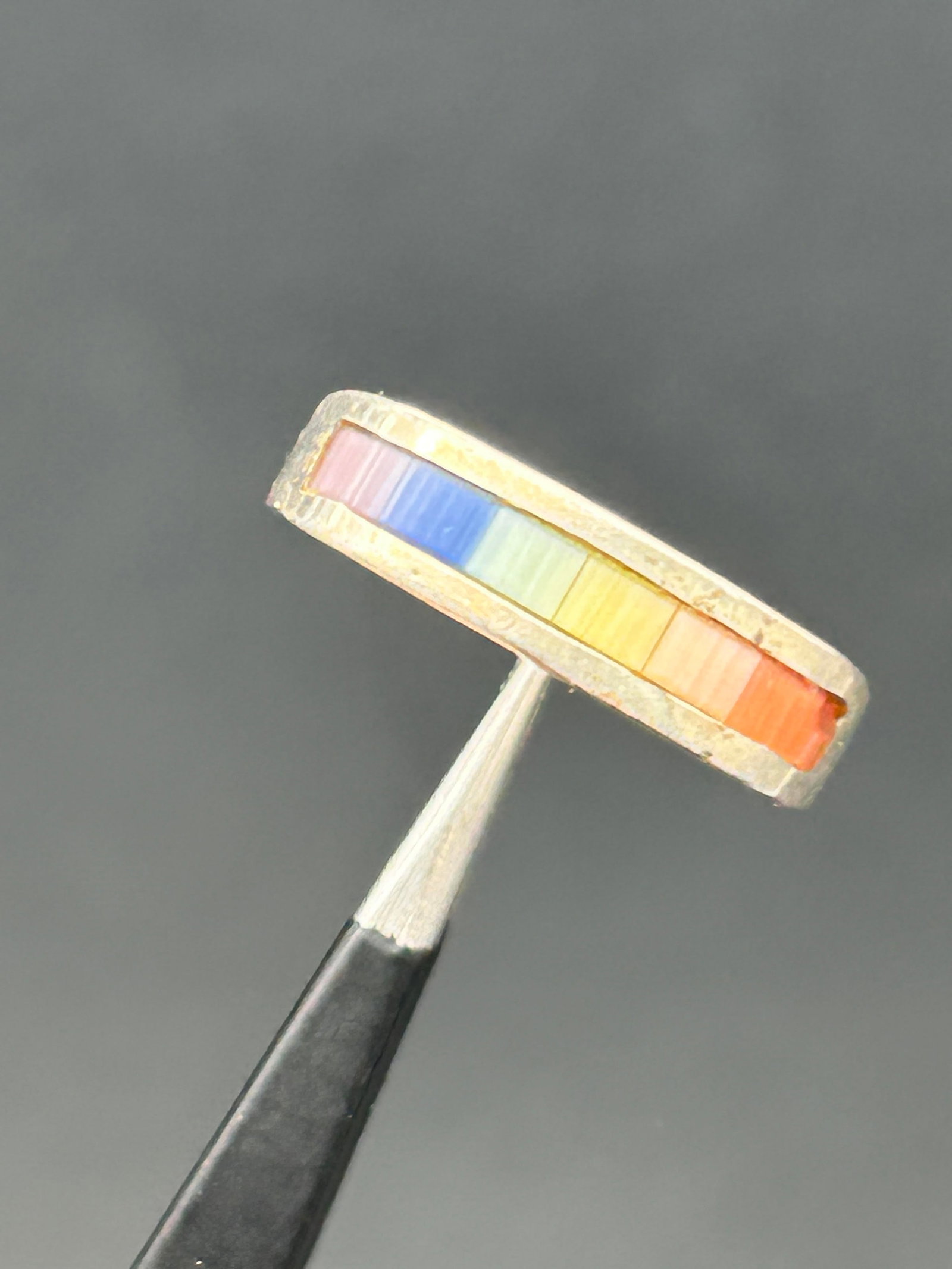 Square Band Sterling Silver Ring with Rainbow Mother of Pearl Dyed Inlay, Marked 925, Size 8.25: Bidding on this item will be indication that the Bidder acknowledges that they have read and agreed to the Terms and Conditions posted to this Auction
