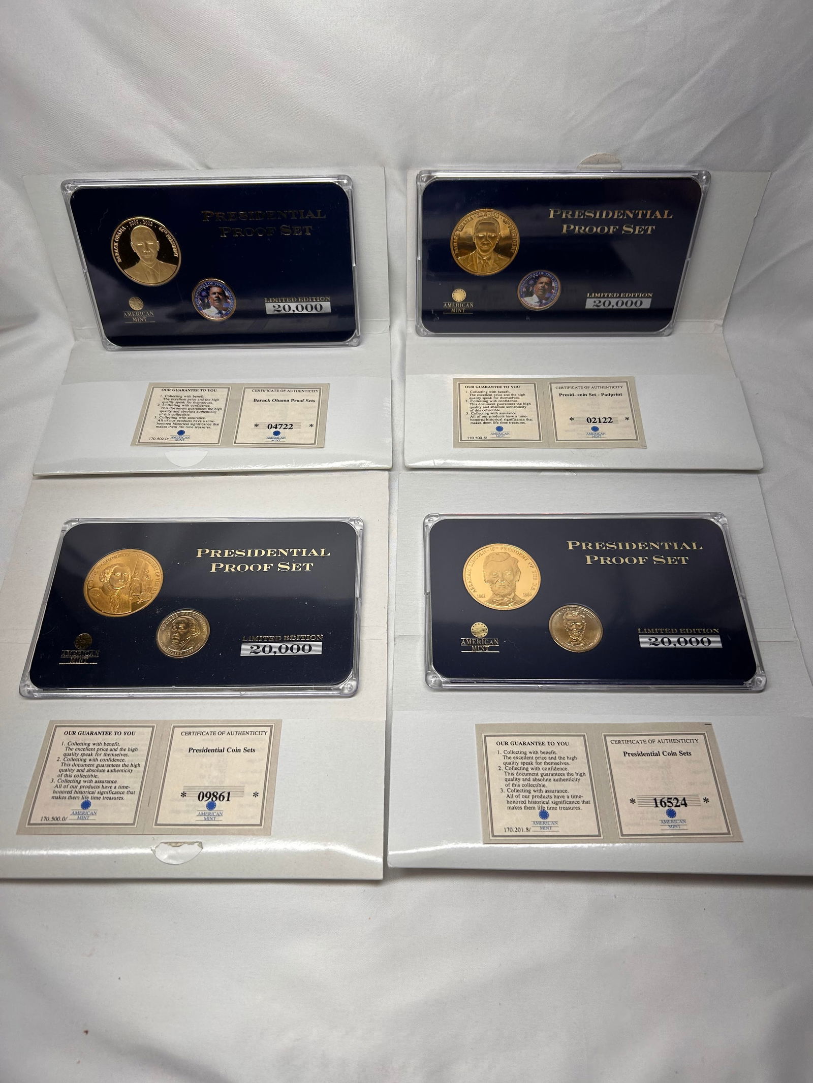 4 Presidential Proof Sets, Layered in 24K Gold, Limited Ed. with COA, Obama, Washington, Lincoln (1 of 8)