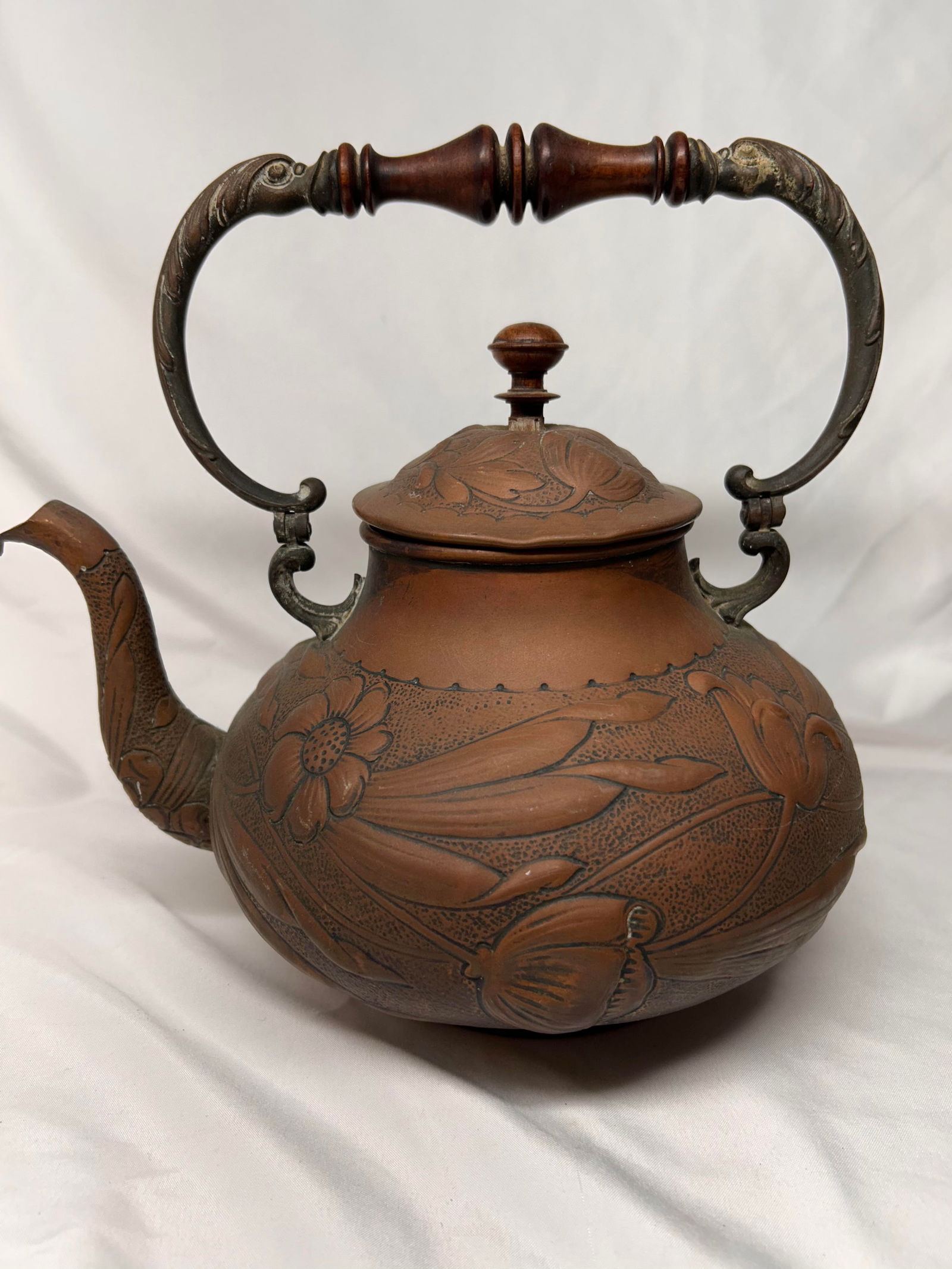 Antique Copper Tea Kettle, Embossed Floral Design, Hinged Handle, Teapot Approx 7" to Top of Lid (1 of 10)