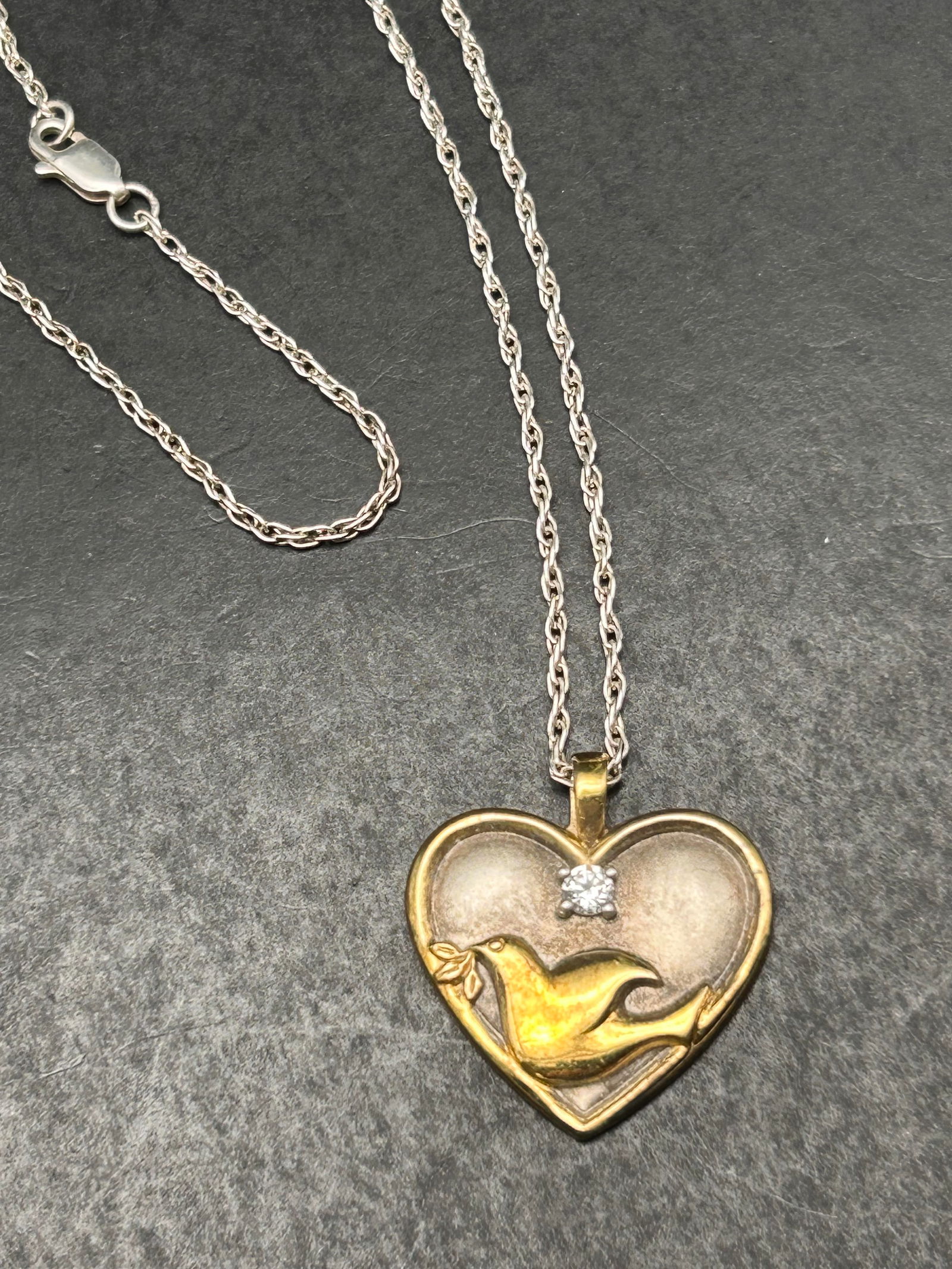 GORHAM Sterling Silver & Vermeil Peace Dove Pendant on 19" Sterling Necklace, Marked 925, CZ accent (1 of 5)