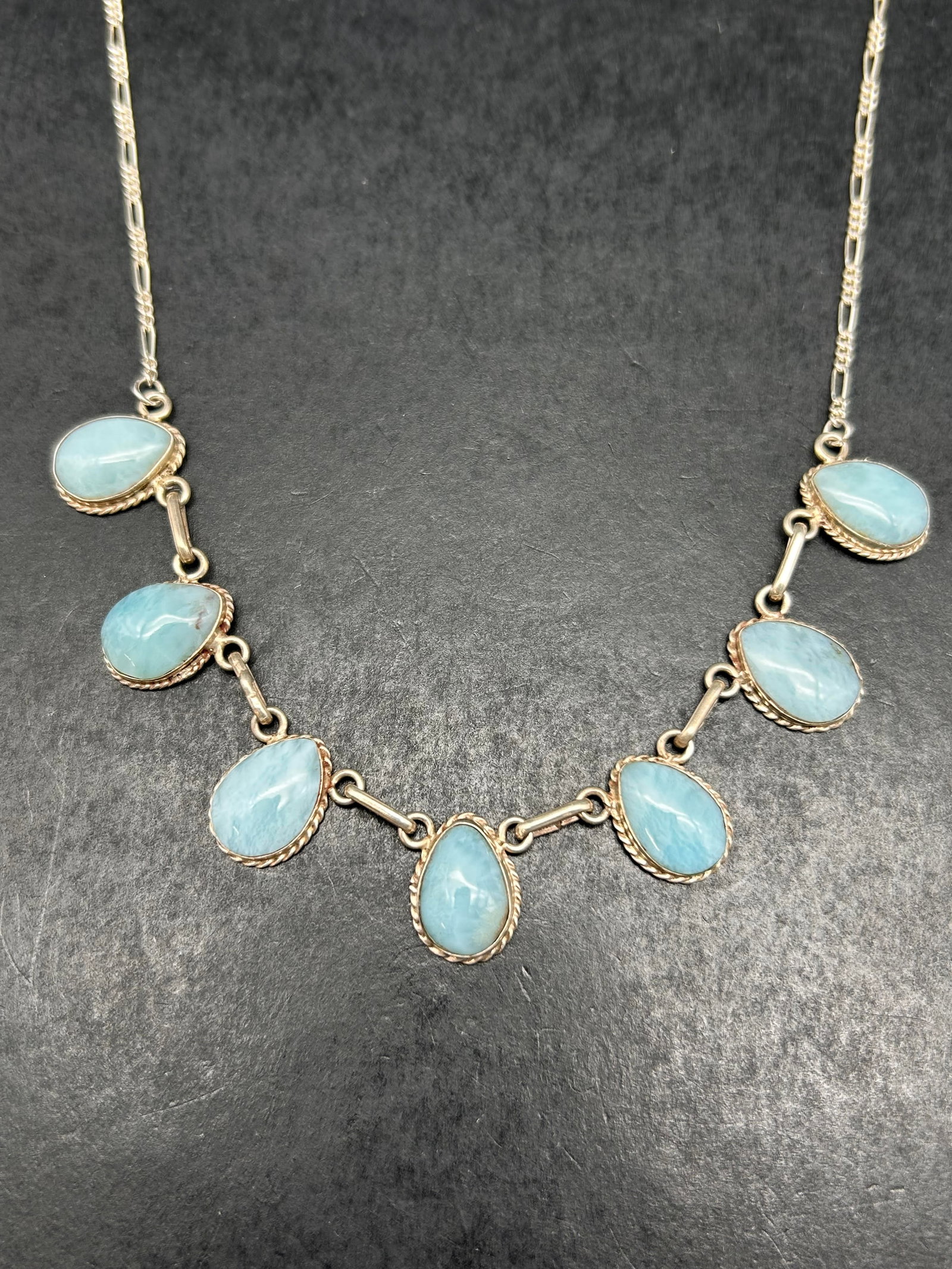 Cabochon Larimar Mariner Teardrop Pendant 7-stone Sterling Silver Figaro Link Chain, Marked 925, 18": Bidding on this item will be indication that the Bidder acknowledges that they have read and agreed to the Terms and Conditions posted to this Auction