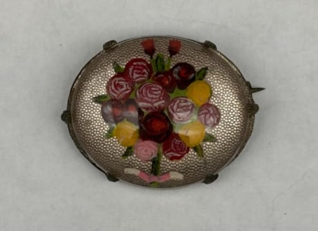 Art Deco Reverse Carved Floral Bouquet in Lucite Dome, Brass Setting Brooch, Patina, Vintage, 1.25" (1 of 4)