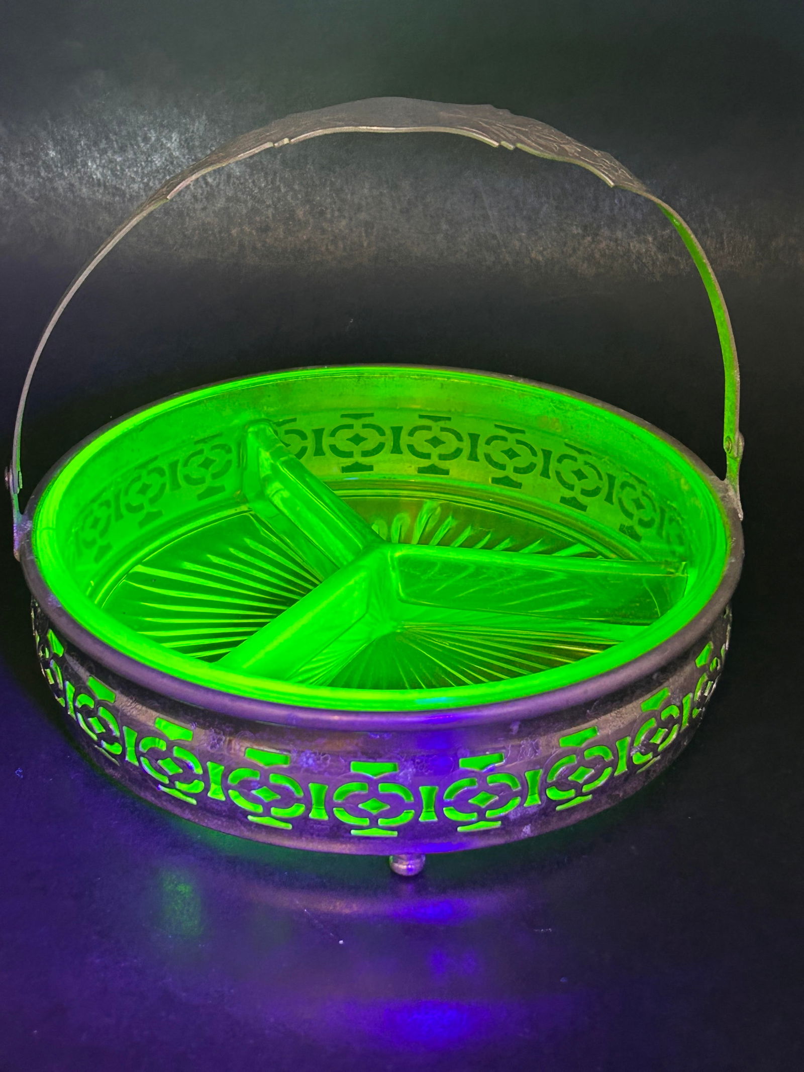 Vintage Uranium Green Glass Relish Tray with Silver Carrier, Glow Under UV Light, 6.5" diameter (1 of 6)