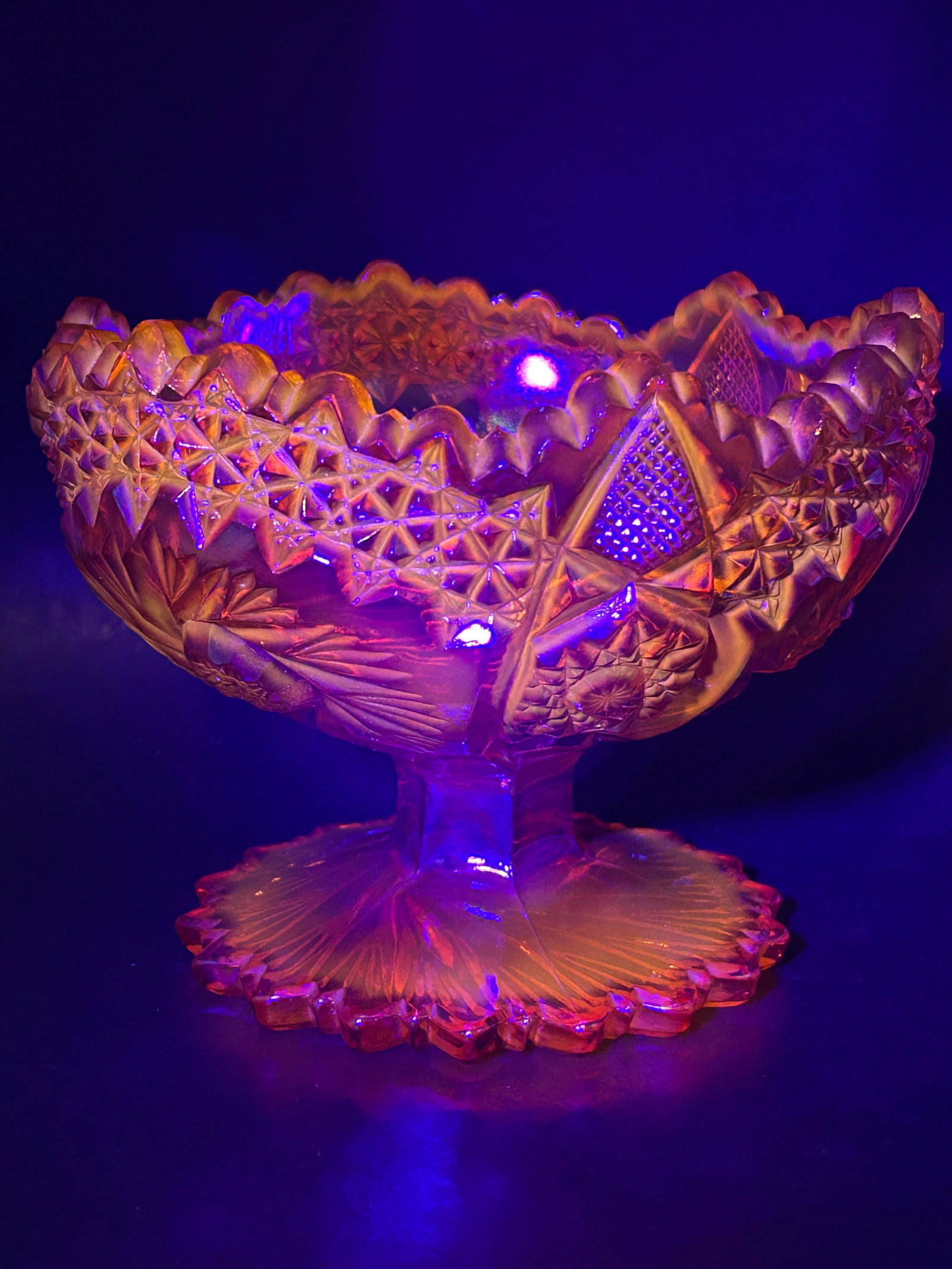 Fenton Orange Glass Carnival Pinwheel Iridescent Sawtooth Edge Candy Bowl Art, Glows with UV Light (1 of 10)