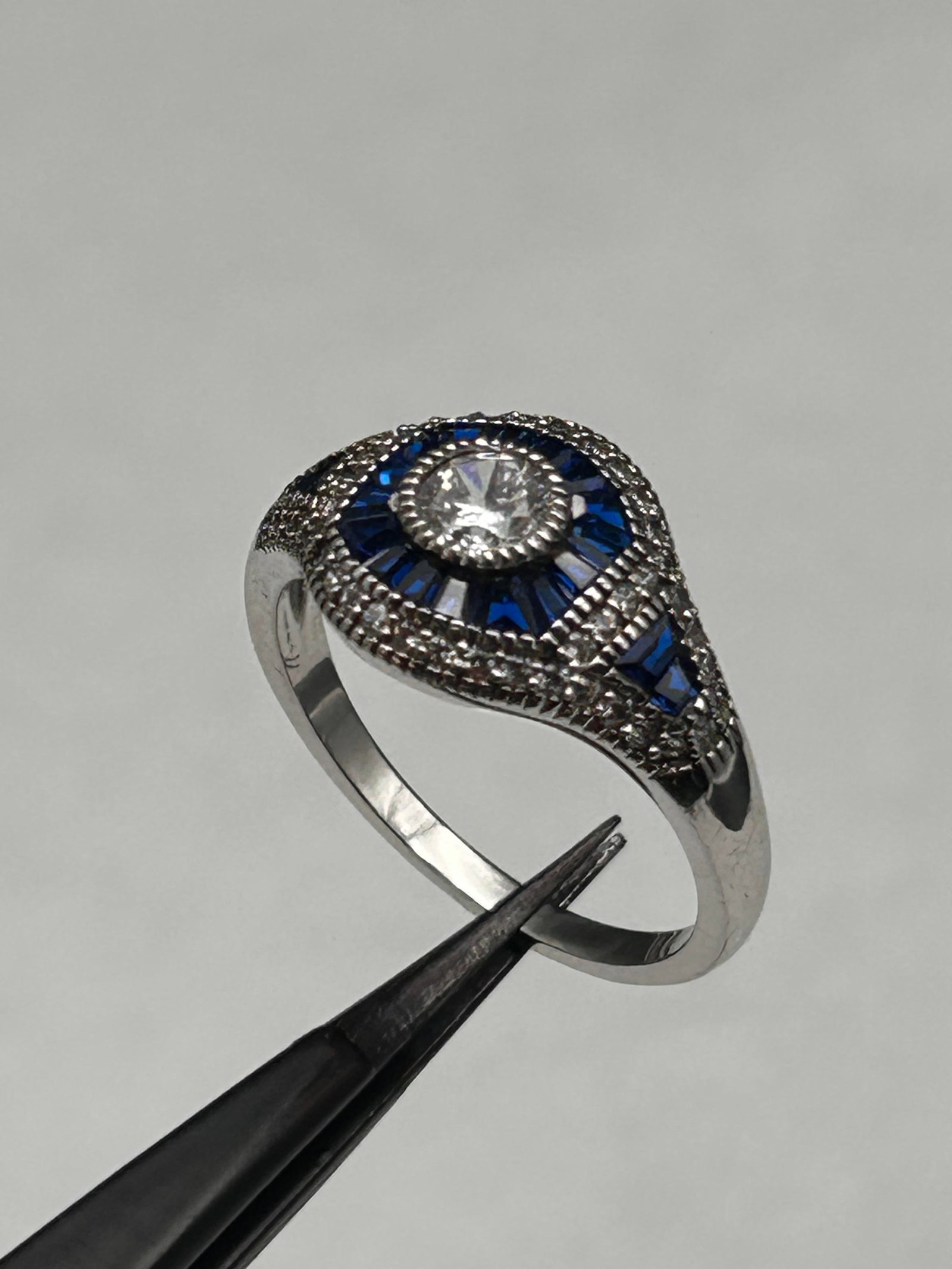 EJI Beautiful Blue Lab Created Spinel & White CZ Rhodium Over Sterling Silver 925 Ring, Size 9 (1 of 5)