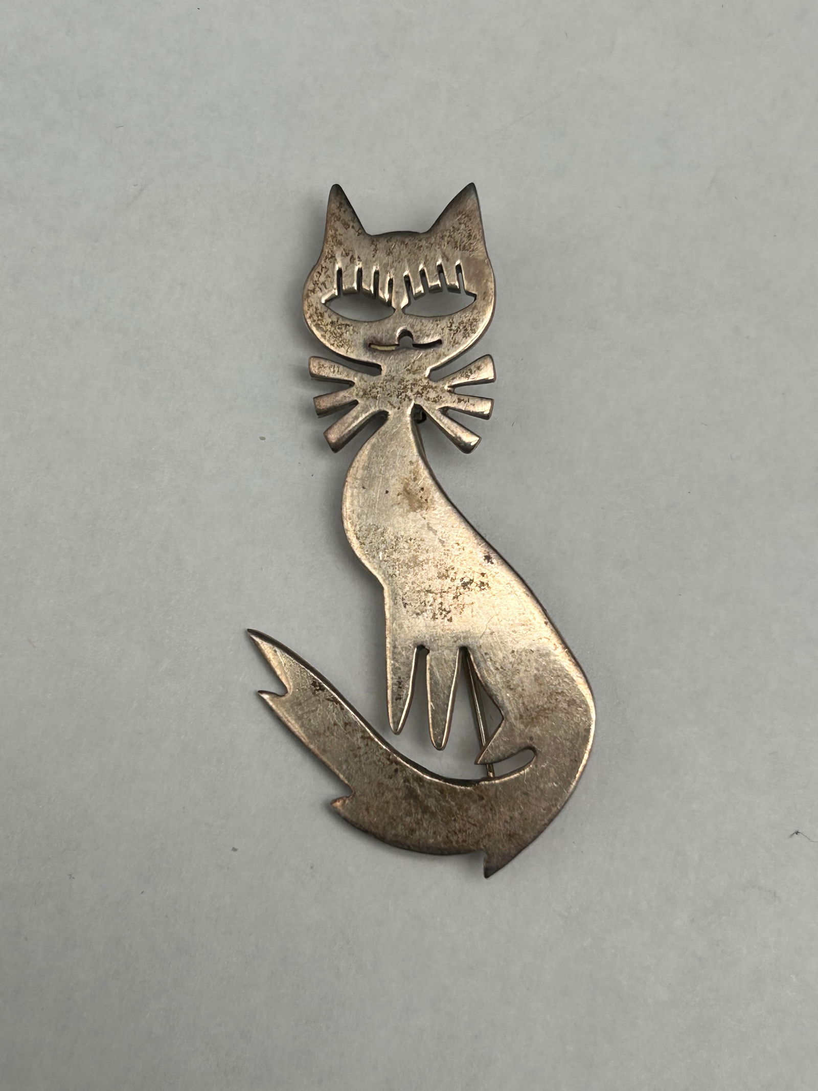 Sterling Silver Taxco Mexico Mid-Century Handmade Cat Brooch, Pin 2.25", Makers Mark, Stamped 925 (1 of 4)
