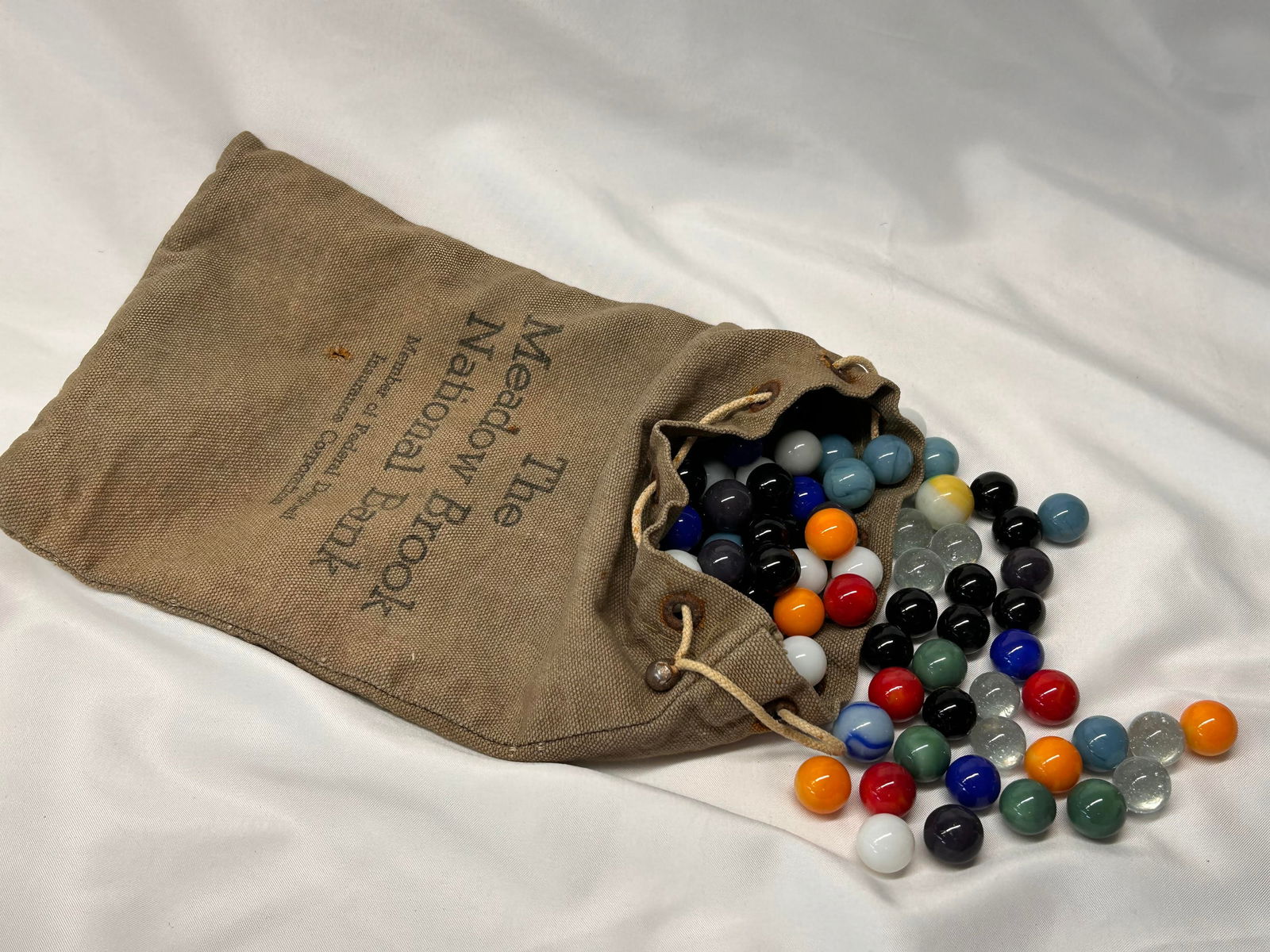 Roughly 100 Old Glass Marbles, in Drawstring Canvas Bank Bag (Bag measures 9 x 6") (1 of 4)