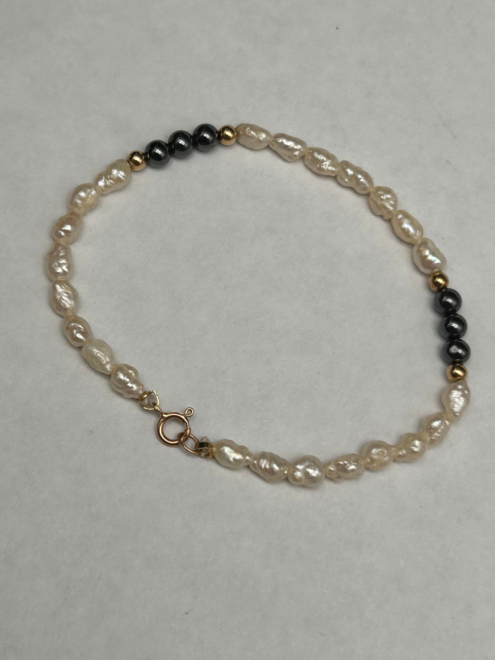 Freshwater Pearl and Hematite Bead Bracelet with 14K Gold Ball Spacers and Clasp, 6.5" (1 of 3)