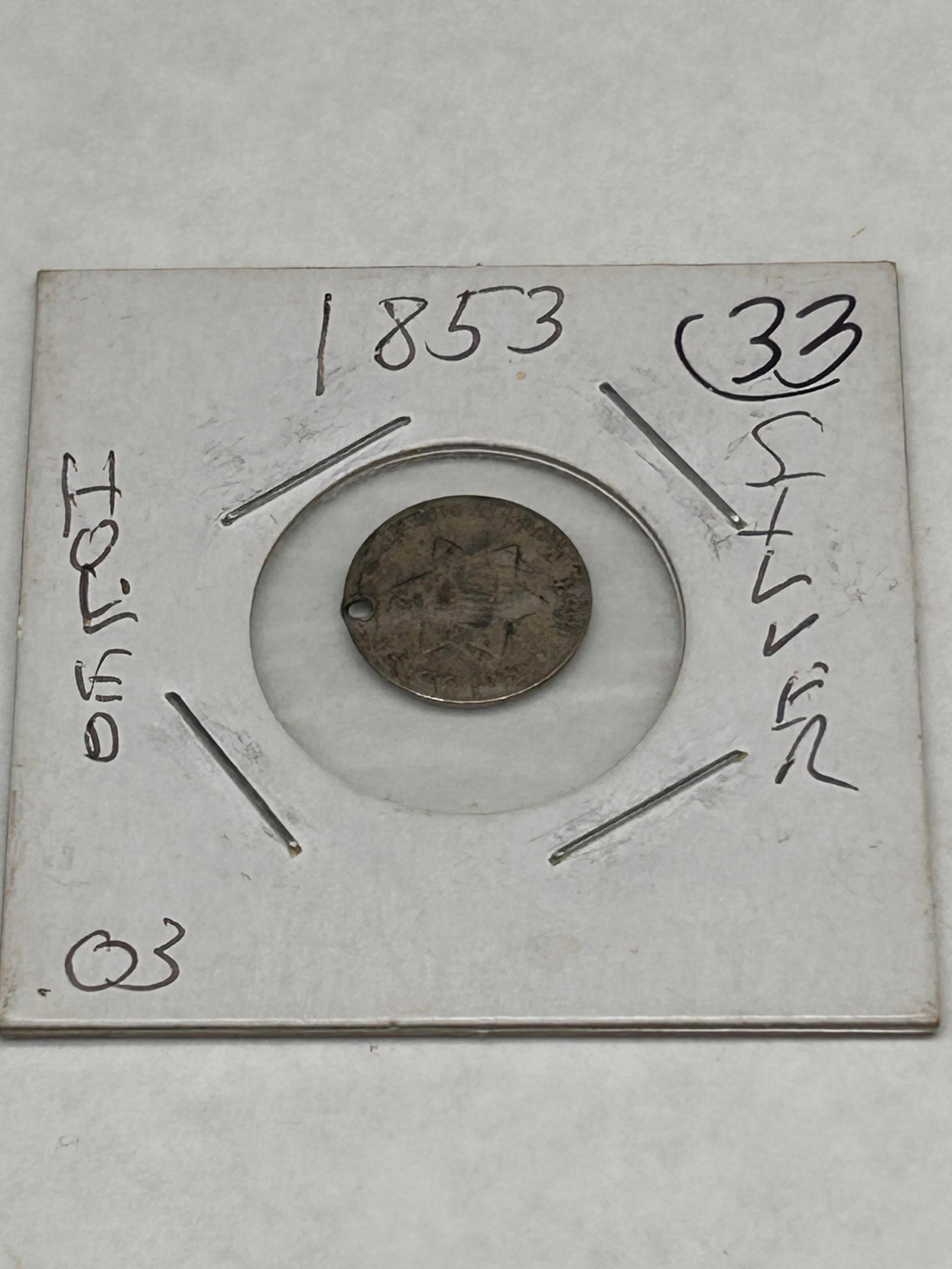 1853 Three Cent Silver Coin, Circulated Trime, Holed 3c, III (1 of 3)