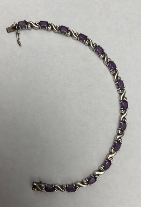 Amethyst Ovals and Scrolling Link Sterling Silver Bracelet with Hallmark, Marked 925, 7.5" (1 of 4)