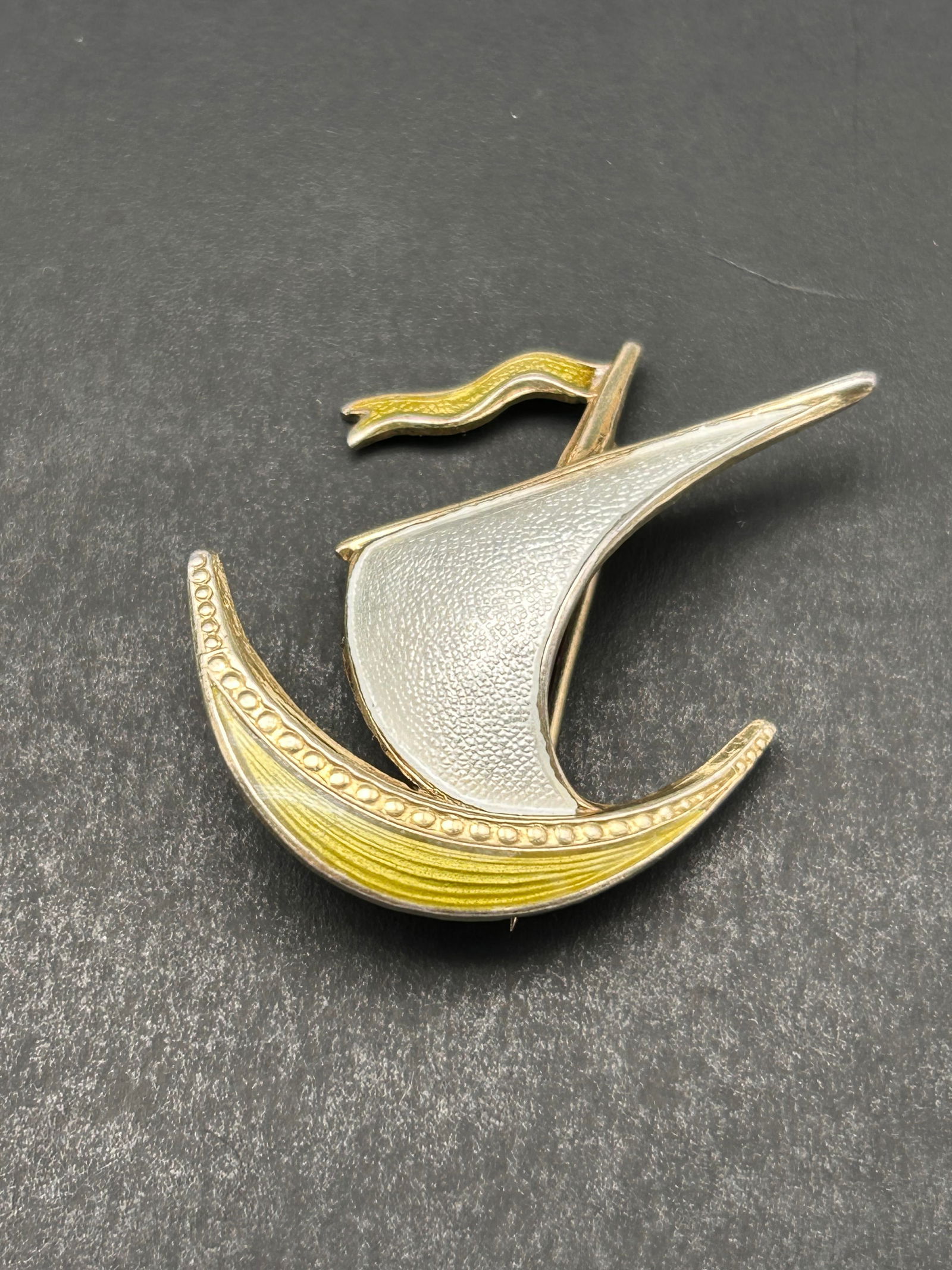 Ivan Holth Norway Sterling Silver Green & White Enamel Viking Ship Pin/ Brooch, Large Sail, 1.5" (1 of 4)