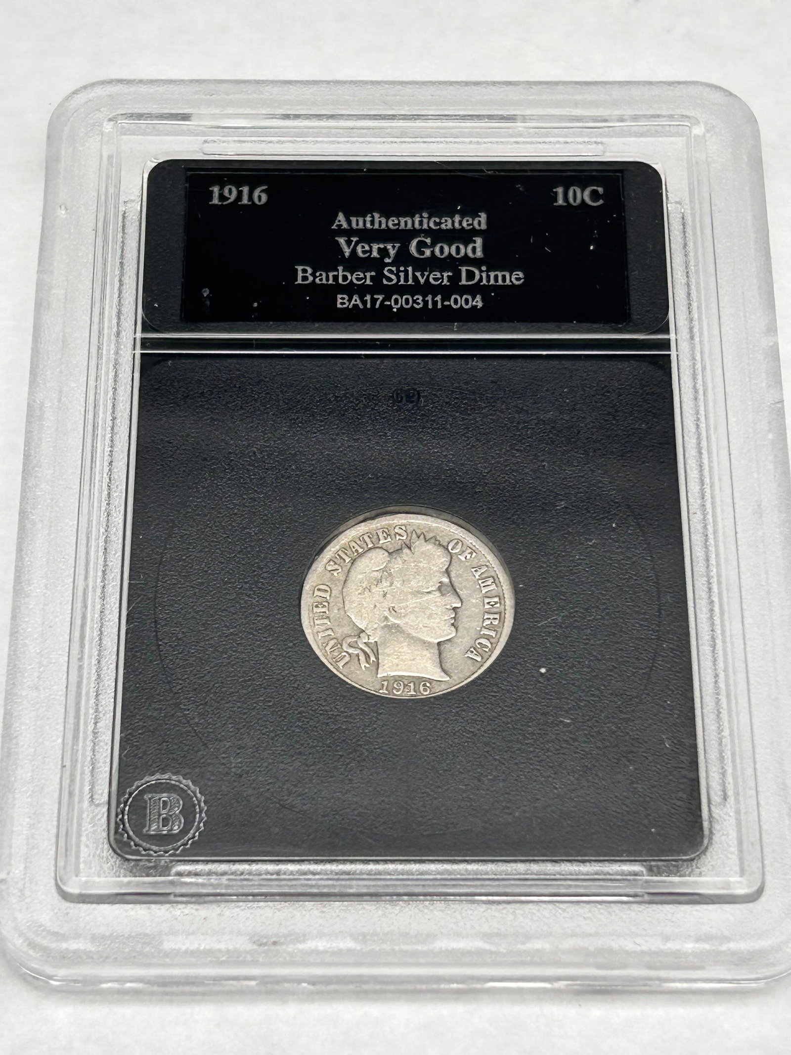 1916 Authenticated Very Good Barber Silver Dime, 10c, One Dime in Case (1 of 3)